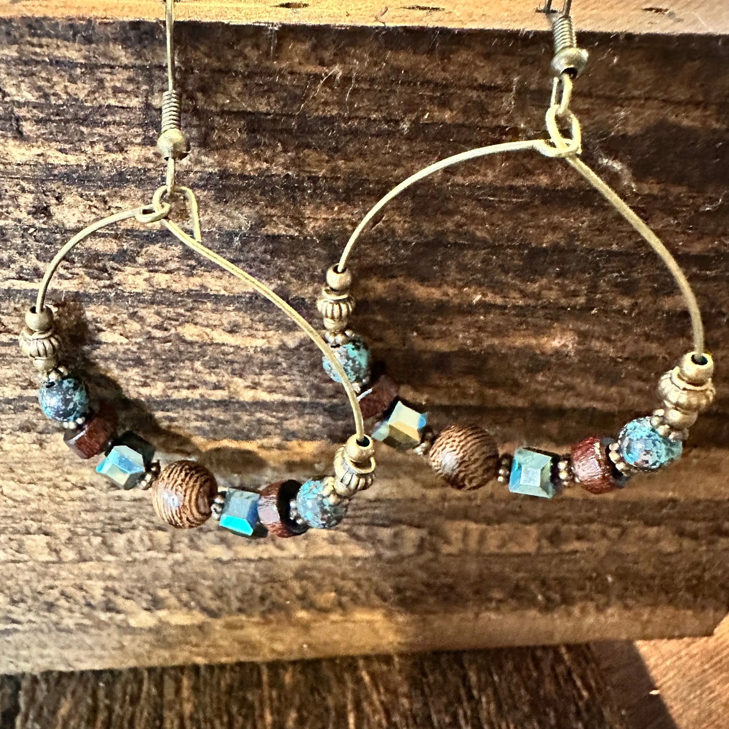 Handmade Western Hippie Copper Wire Wooden Beads Drop Earrings, Gift Box - Silver Elegant