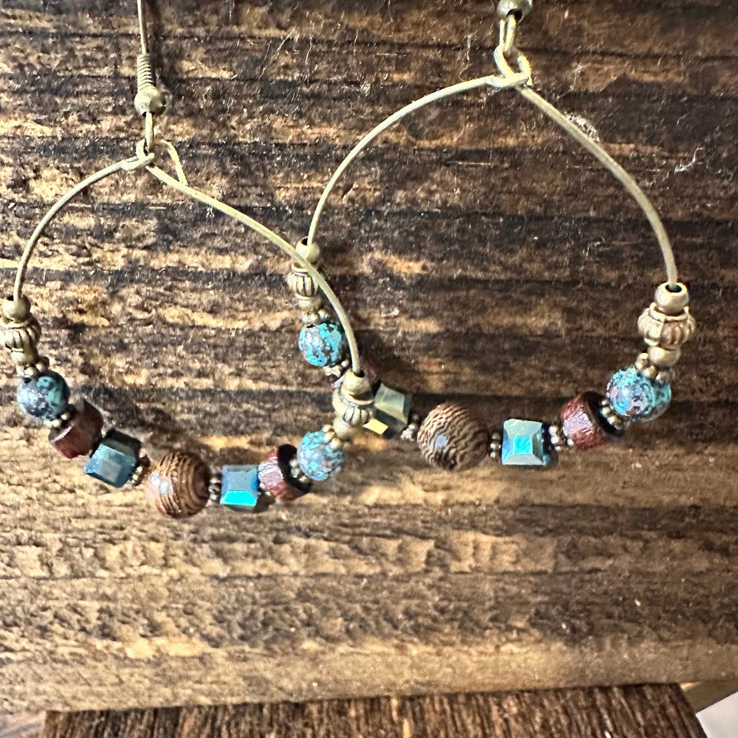 Handmade Western Hippie Copper Wire Wooden Beads Drop Earrings, Gift Box - Silver Elegant