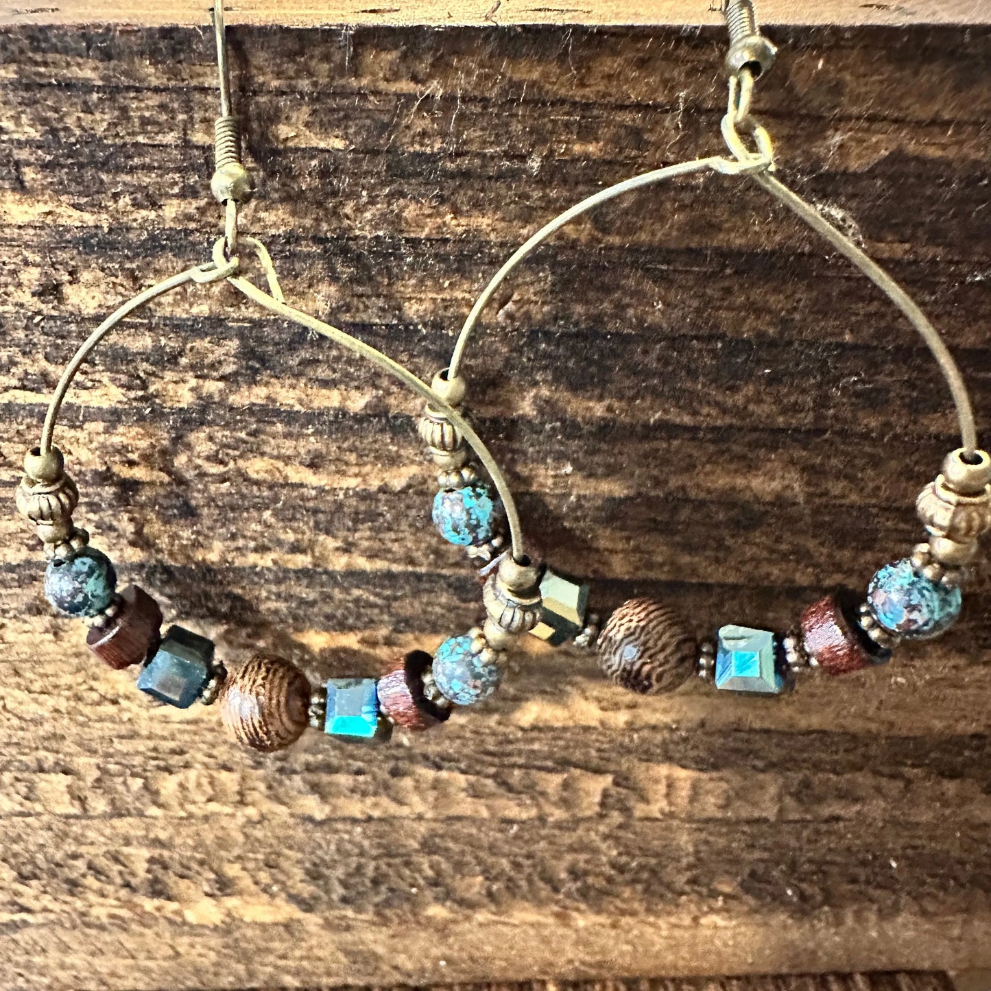 Handmade Western Hippie Copper Wire Wooden Beads Drop Earrings, Gift Box - Silver Elegant