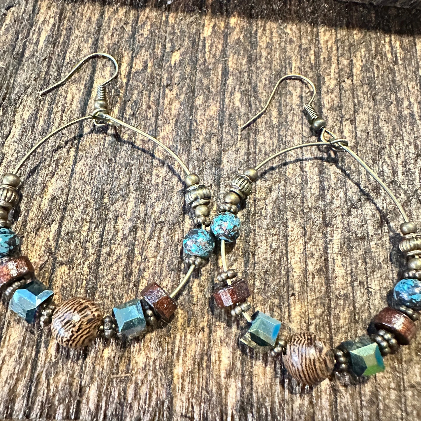 Handmade Western Hippie Copper Wire Wooden Beads Drop Earrings, Gift Box - Silver Elegant