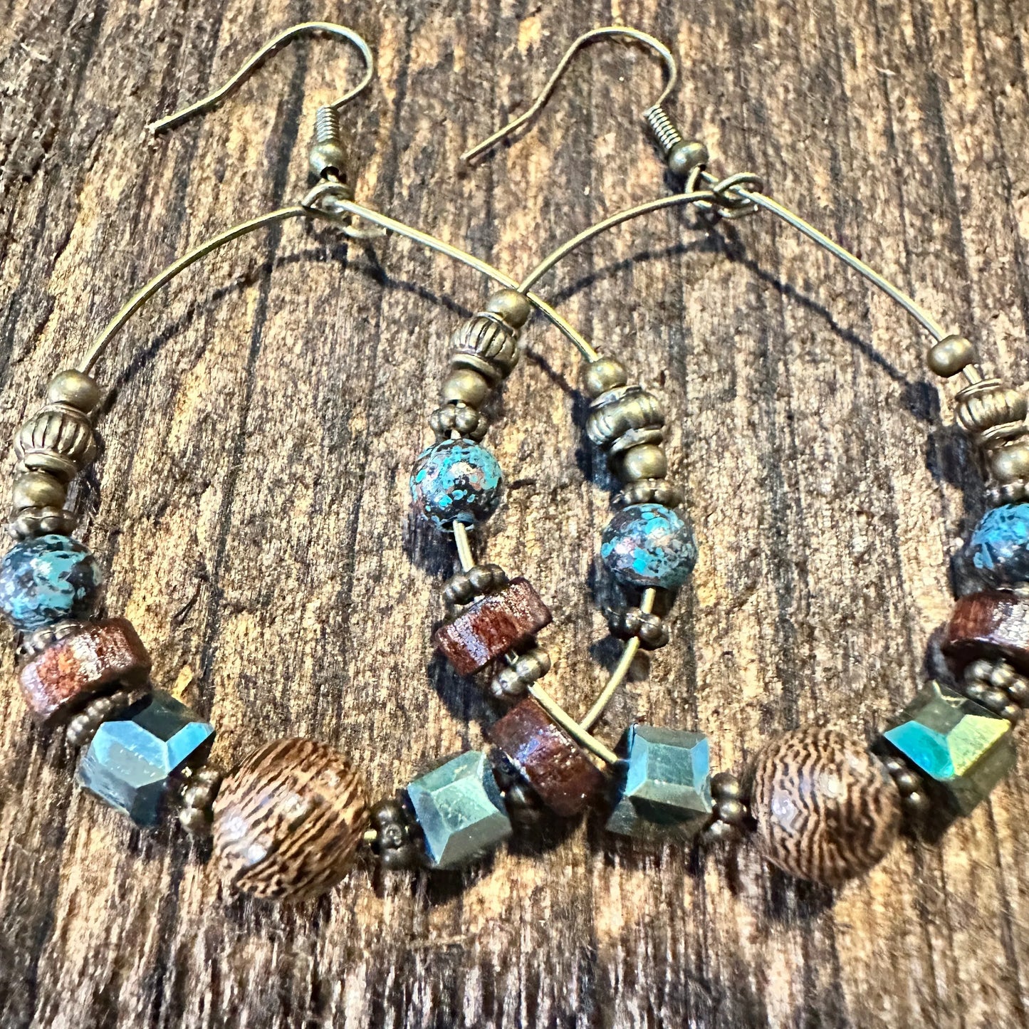 Handmade Western Hippie Copper Wire Wooden Beads Drop Earrings, Gift Box - Silver Elegant