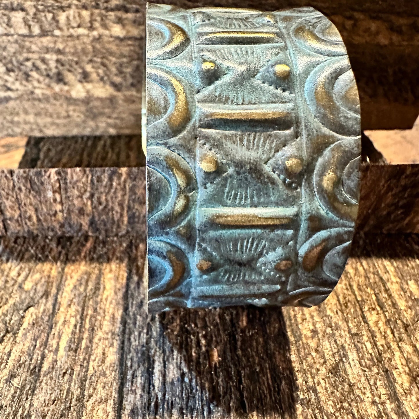 Handcrafted Artesian Boho Brass Patina Bracelet, Aqua Sacred Geometry Allover, Adjustable, Gift Box - Silver Elegant