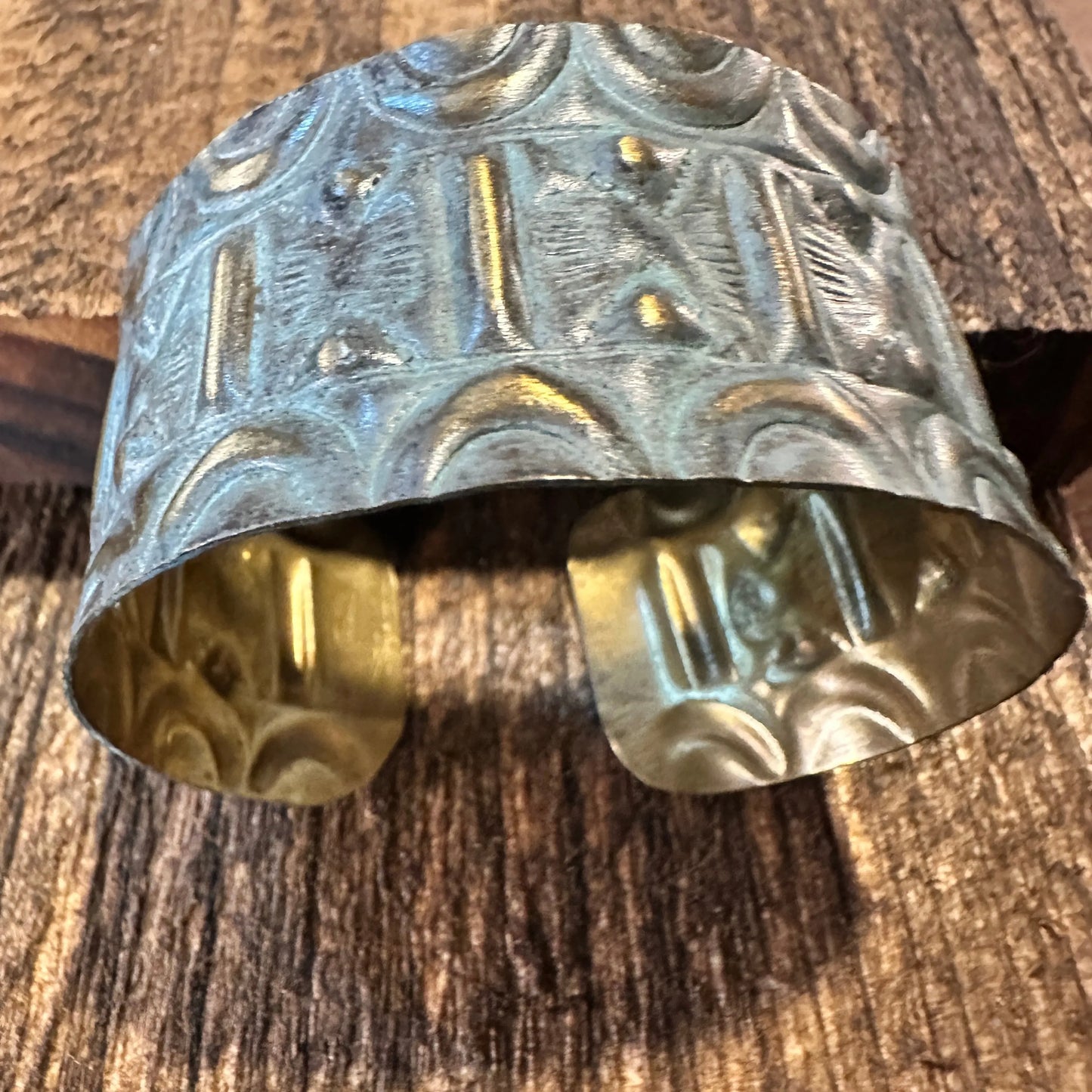 Handcrafted Artesian Boho Brass Patina Bracelet, Aqua Sacred Geometry Allover, Adjustable, Gift Box - Silver Elegant