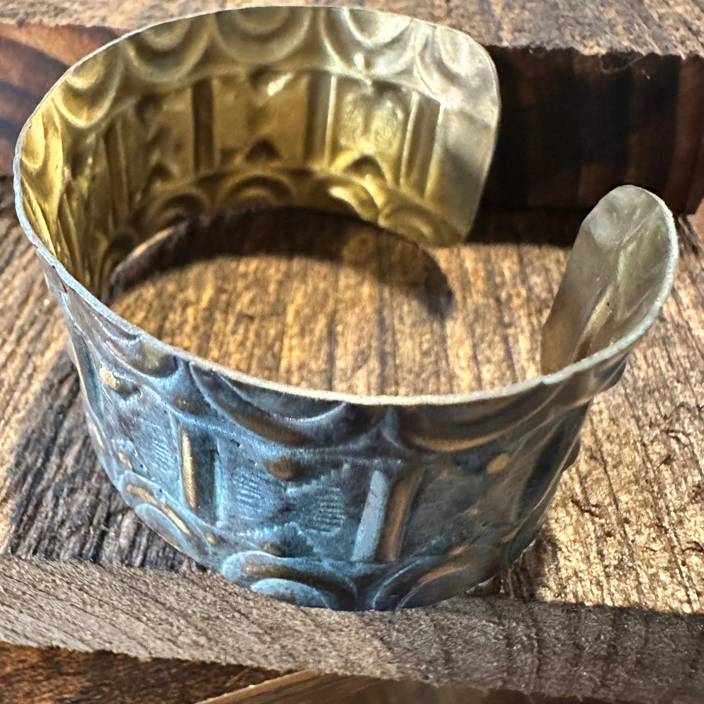 Handcrafted Artesian Boho Brass Patina Bracelet, Aqua Sacred Geometry Allover, Adjustable, Gift Box - Silver Elegant