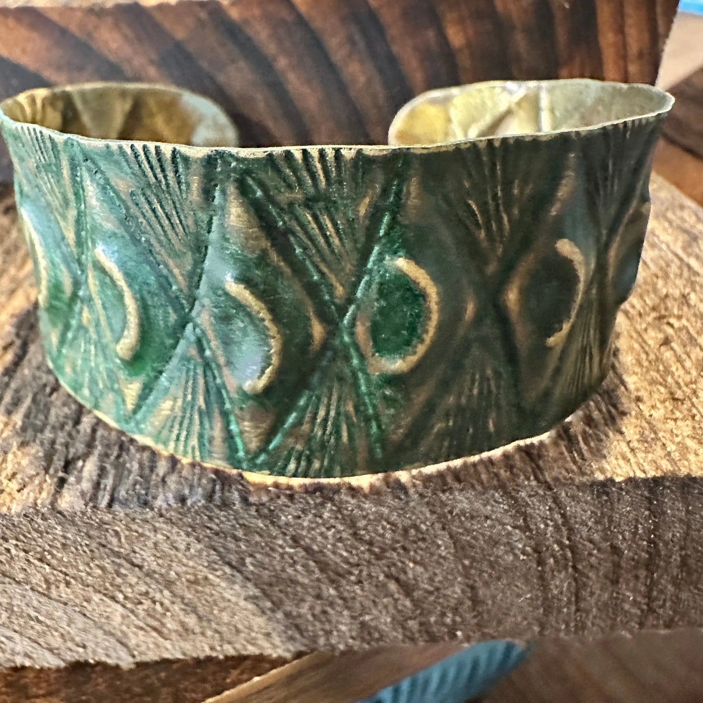 Handcrafted Artesian Boho Brass Patina Bracelet, Moons & Diamonds on Green, Adjustable, Gift Box - Silver Elegant