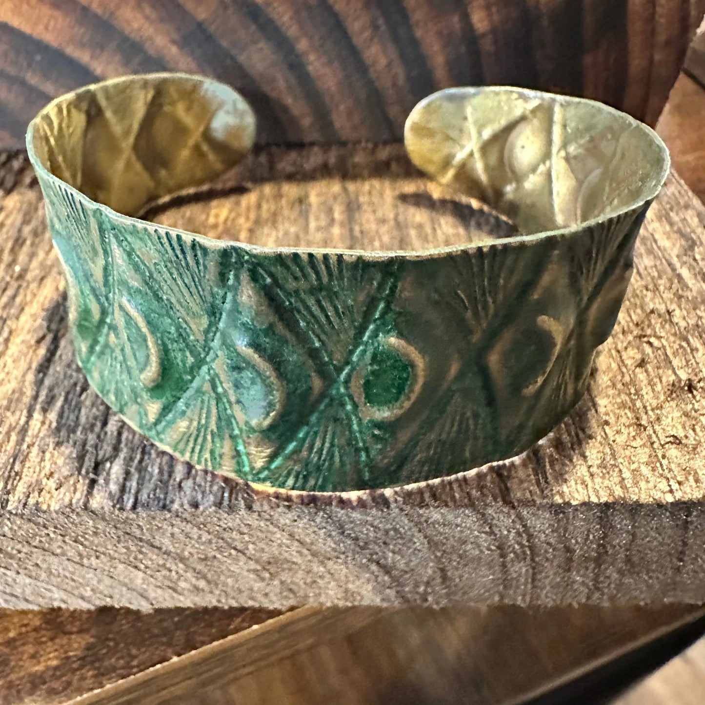 Handcrafted Artesian Boho Brass Patina Bracelet, Moons & Diamonds on Green, Adjustable, Gift Box - Silver Elegant