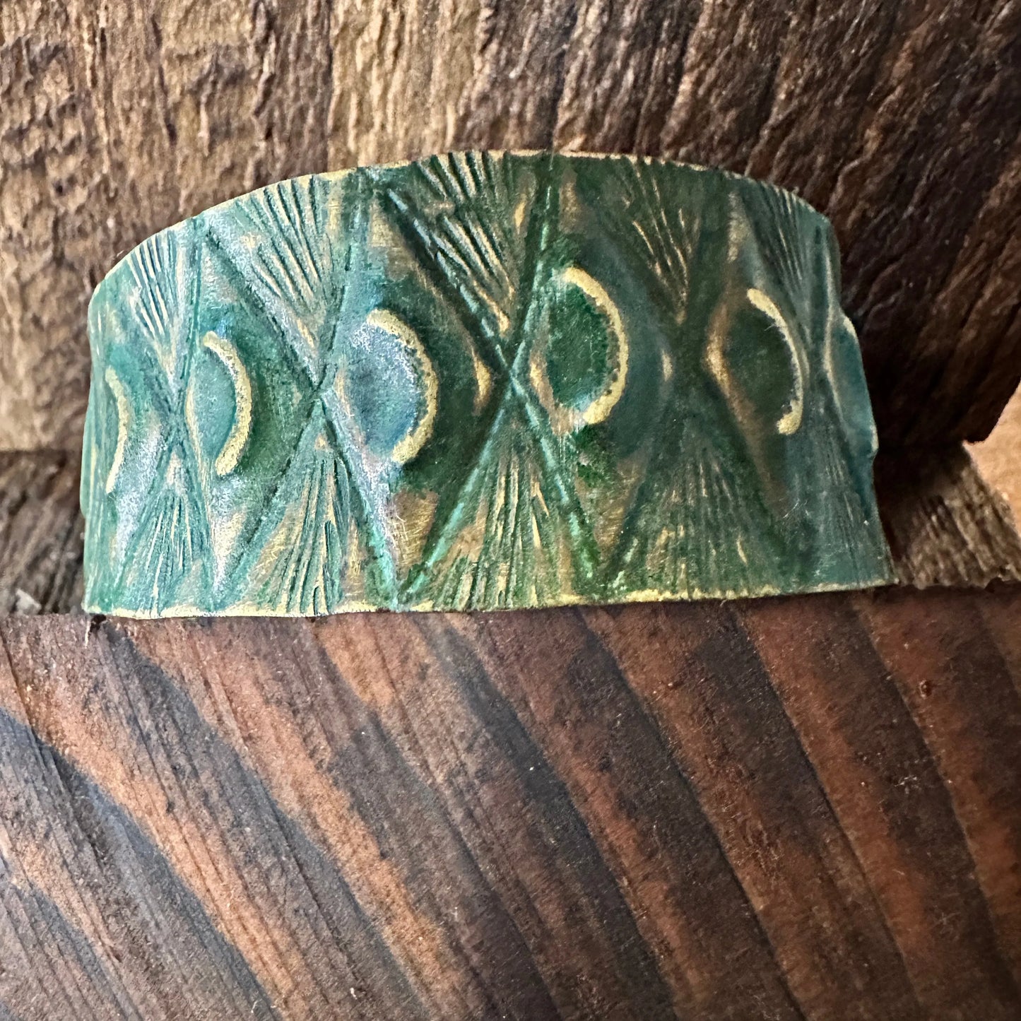 Handcrafted Artesian Boho Brass Patina Bracelet, Moons & Diamonds on Green, Adjustable, Gift Box - Silver Elegant