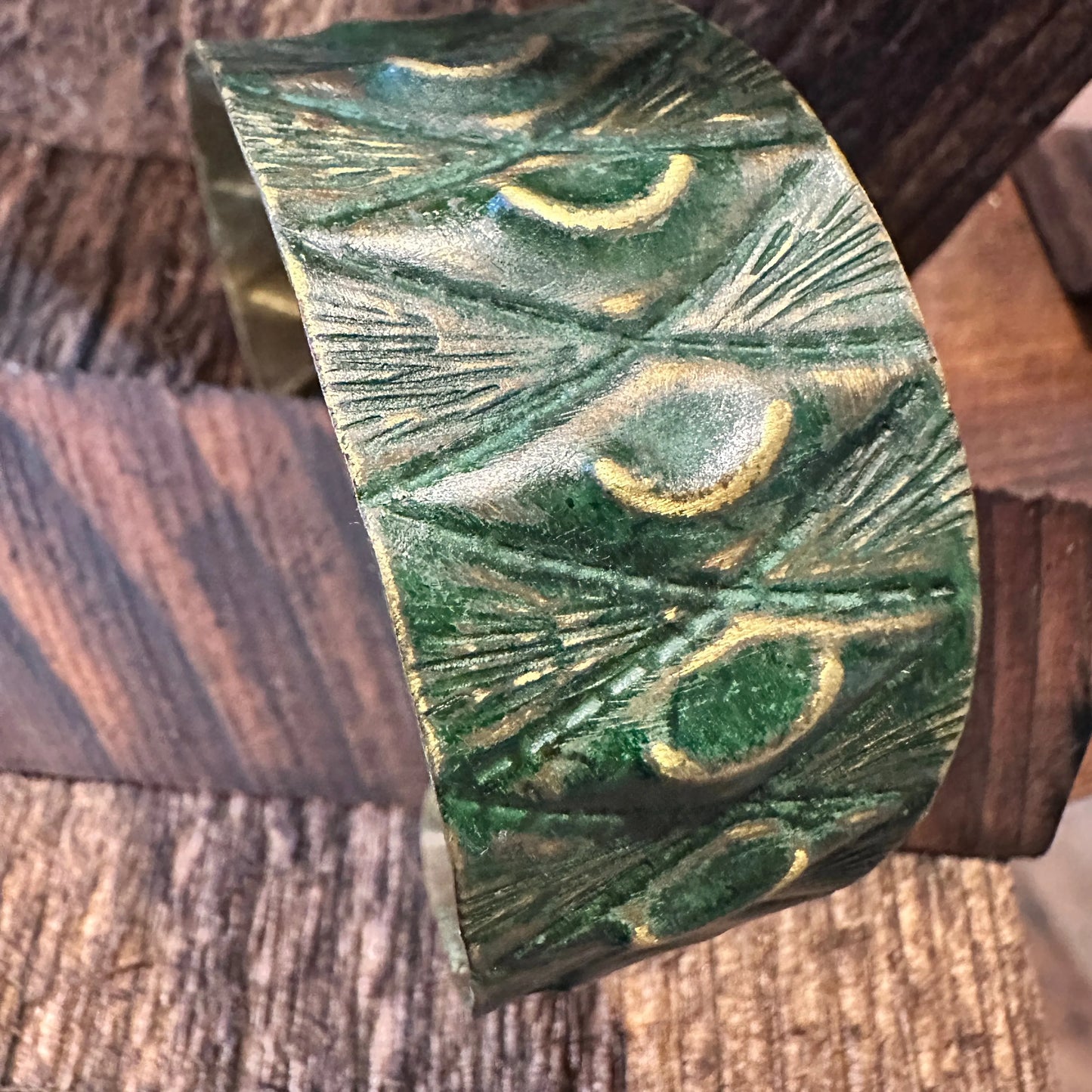 Handcrafted Artesian Boho Brass Patina Bracelet, Moons & Diamonds on Green, Adjustable, Gift Box - Silver Elegant