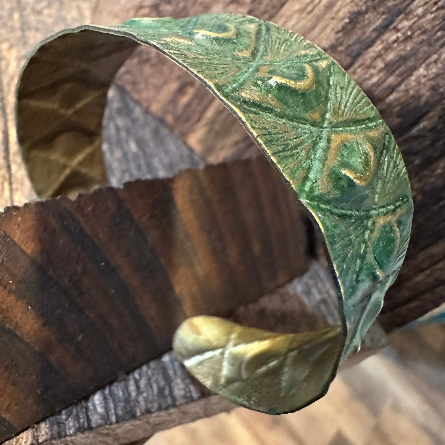 Handcrafted Artesian Boho Brass Patina Bracelet, Moons & Diamonds on Green, Adjustable, Gift Box - Silver Elegant