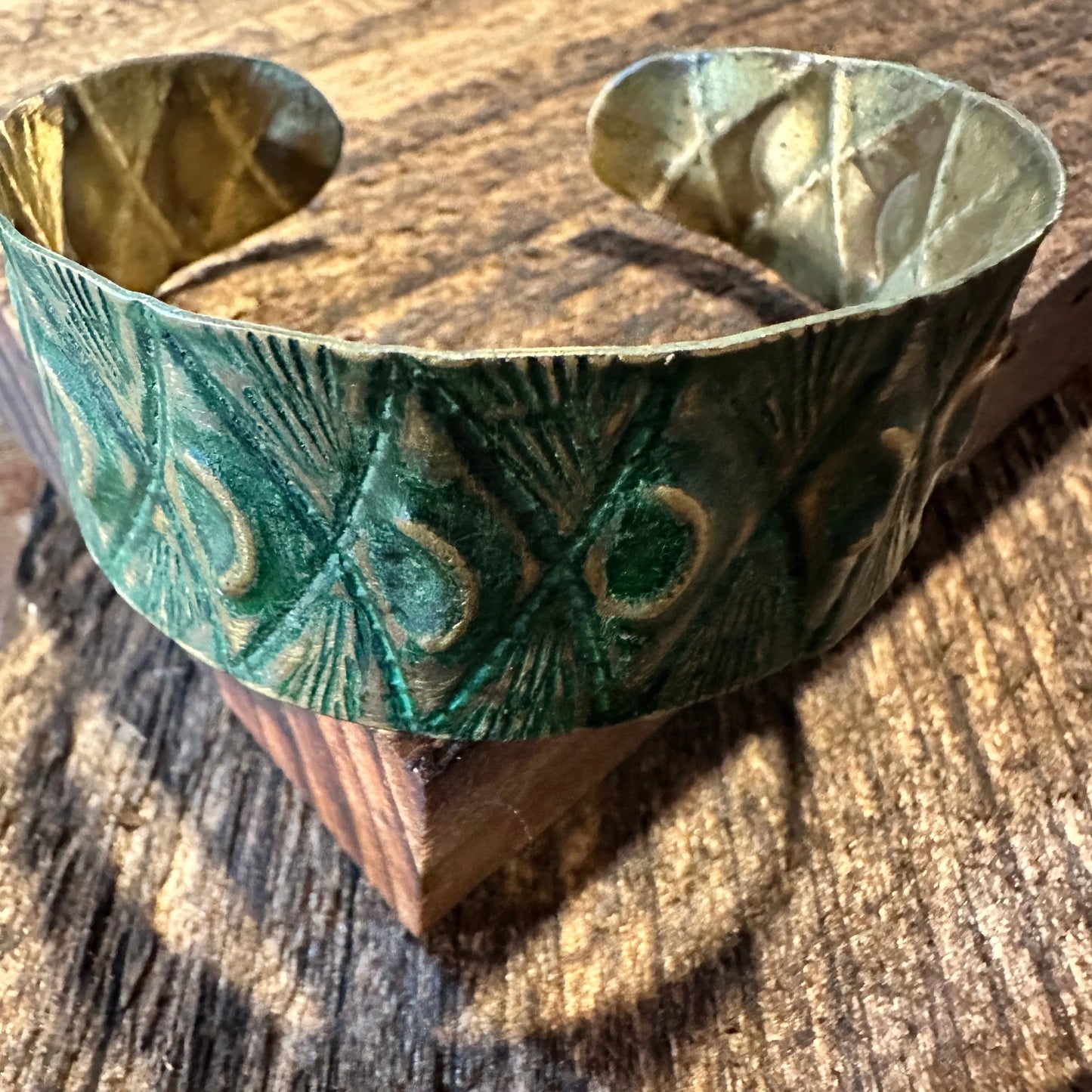 Handcrafted Artesian Boho Brass Patina Bracelet, Moons & Diamonds on Green, Adjustable, Gift Box - Silver Elegant