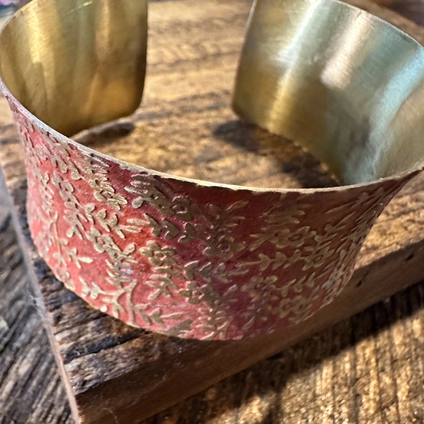 Handcrafted Artesian Boho Brass Patina Bracelet, Red Orange Brass Floral Vines, Adjustable, Gift Box - Silver Elegant