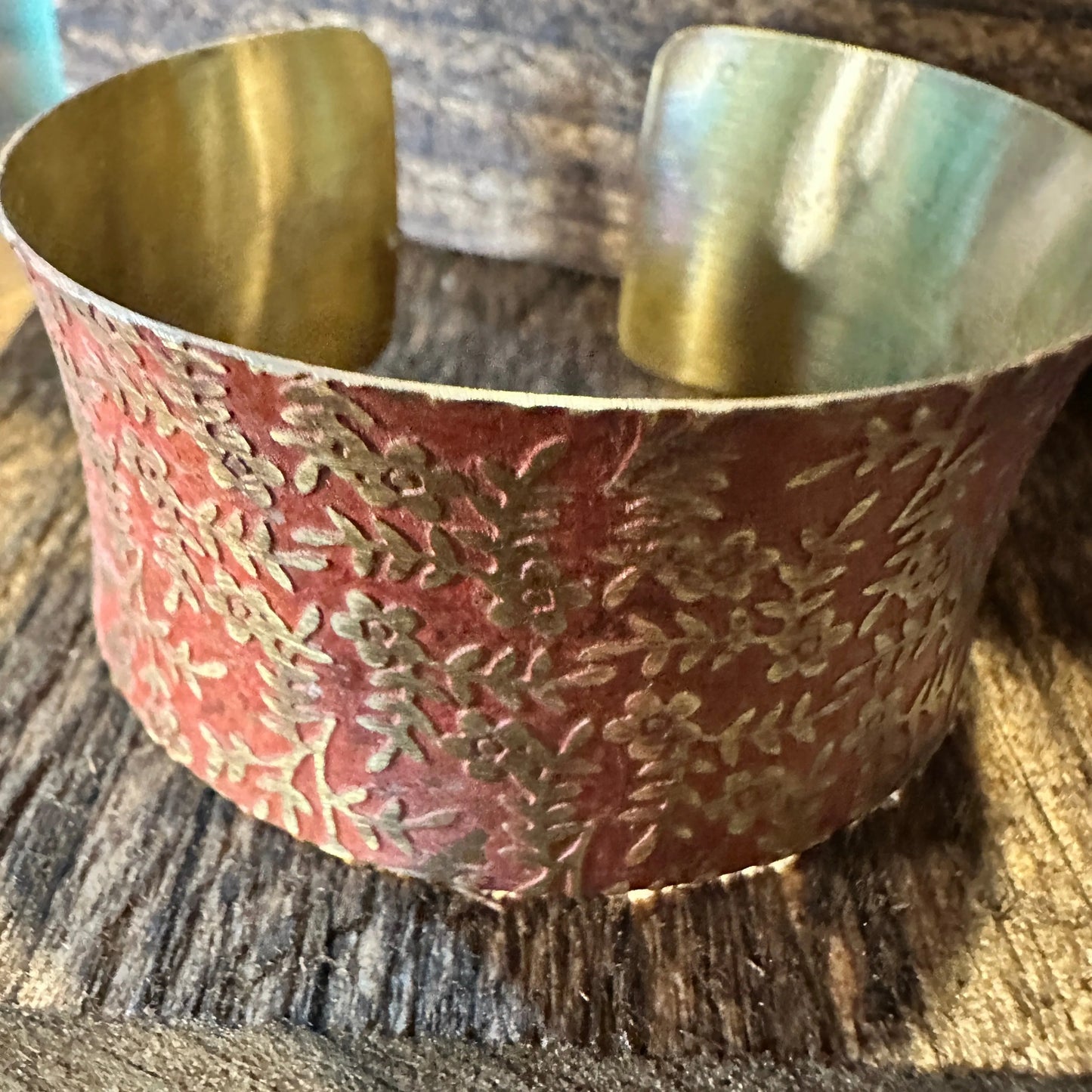 Handcrafted Artesian Boho Brass Patina Bracelet, Red Orange Brass Floral Vines, Adjustable, Gift Box - Silver Elegant