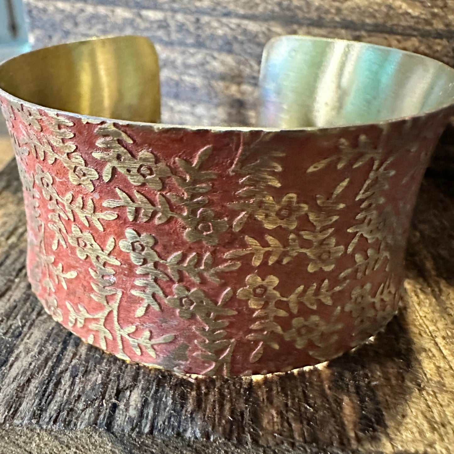 Handcrafted Artesian Boho Brass Patina Bracelet, Red Orange Brass Floral Vines, Adjustable, Gift Box - Silver Elegant