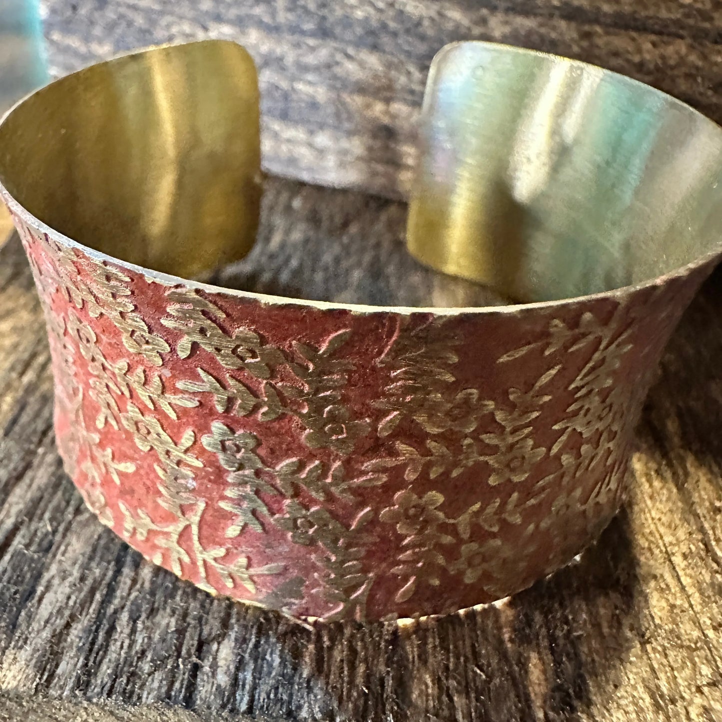 Handcrafted Artesian Boho Brass Patina Bracelet, Red Orange Brass Floral Vines, Adjustable, Gift Box - Silver Elegant