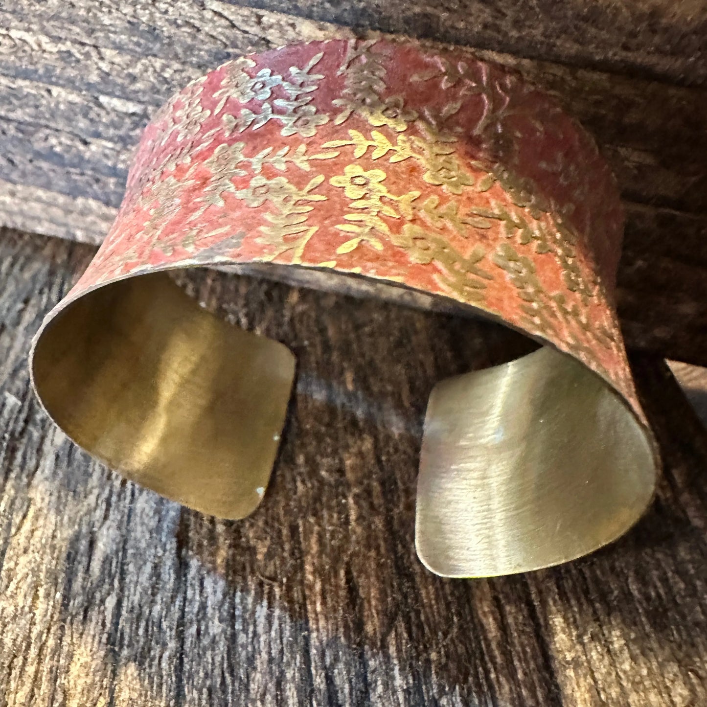 Handcrafted Artesian Boho Brass Patina Bracelet, Red Orange Brass Floral Vines, Adjustable, Gift Box - Silver Elegant