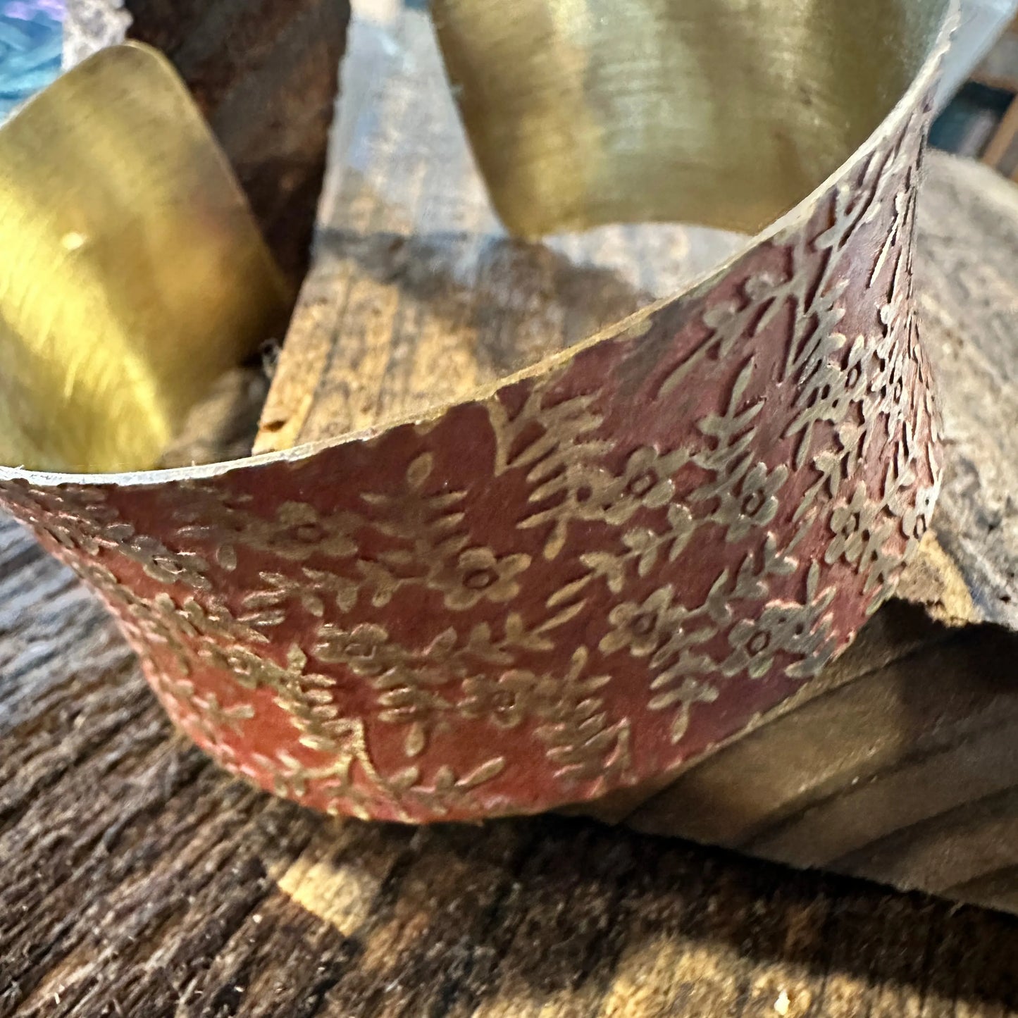 Handcrafted Artesian Boho Brass Patina Bracelet, Red Orange Brass Floral Vines, Adjustable, Gift Box - Silver Elegant