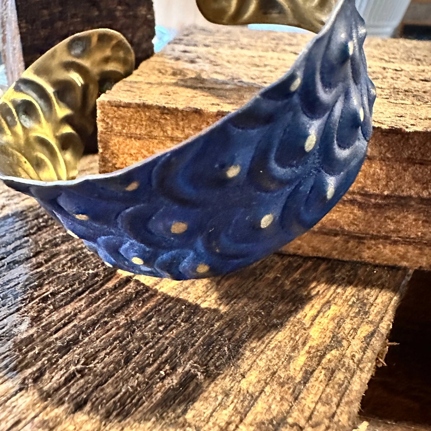 Handcrafted Artesian Boho Brass Patina Bracelet, Cobalt Blue Waves Dots, Adjustable, Gift Box - Silver Elegant