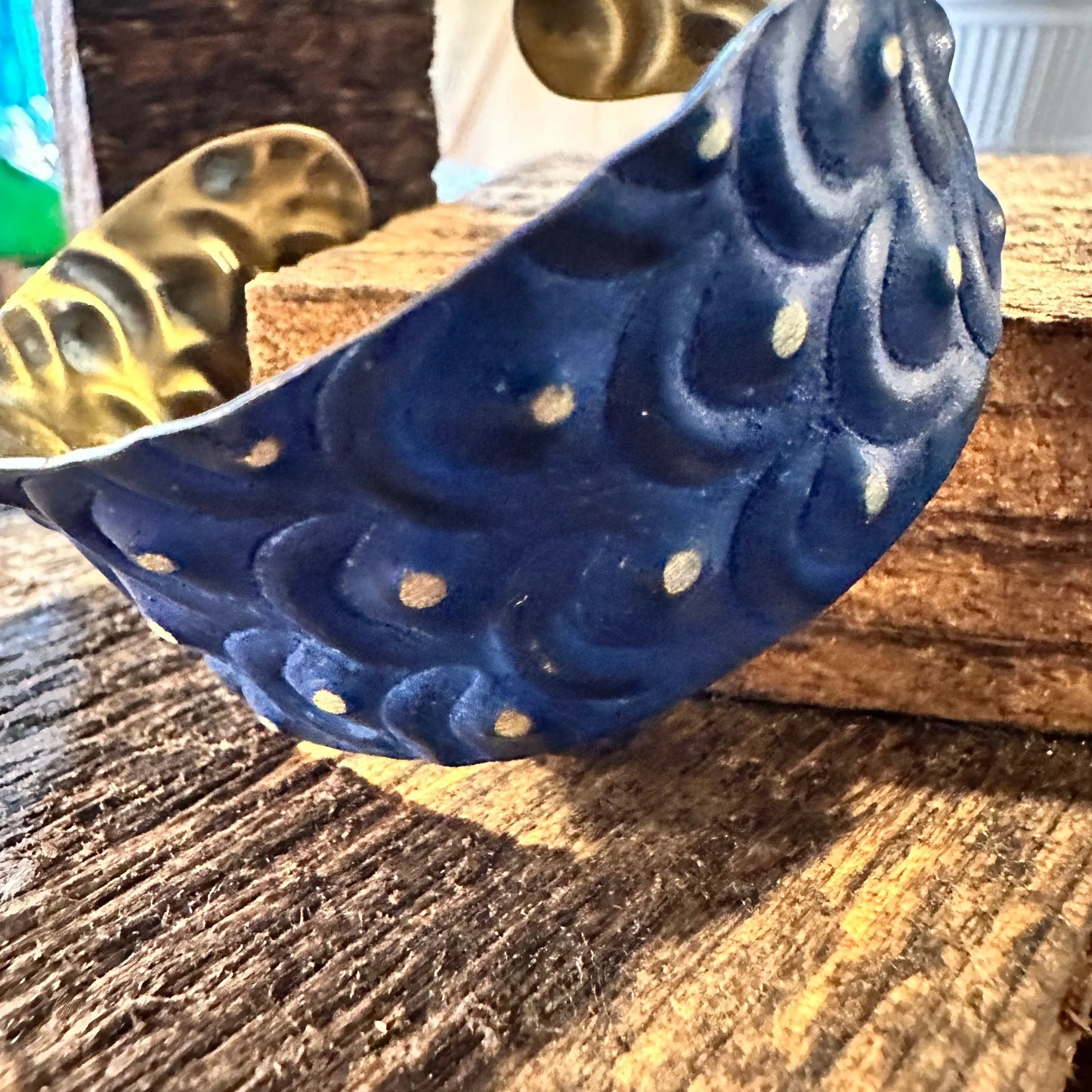 Handcrafted Artesian Boho Brass Patina Bracelet, Cobalt Blue Waves Dots, Adjustable, Gift Box - Silver Elegant