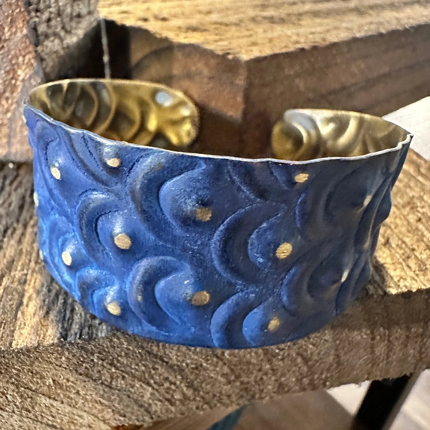 Handcrafted Artesian Boho Brass Patina Bracelet, Cobalt Blue Waves Dots, Adjustable, Gift Box - Silver Elegant