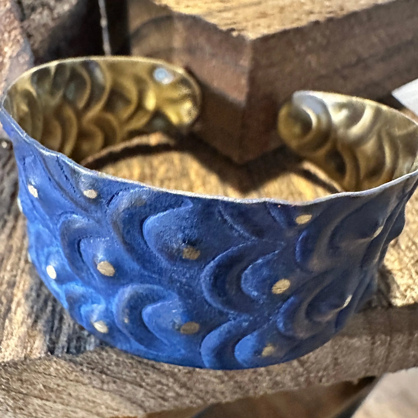 Handcrafted Artesian Boho Brass Patina Bracelet, Cobalt Blue Waves Dots, Adjustable, Gift Box - Silver Elegant