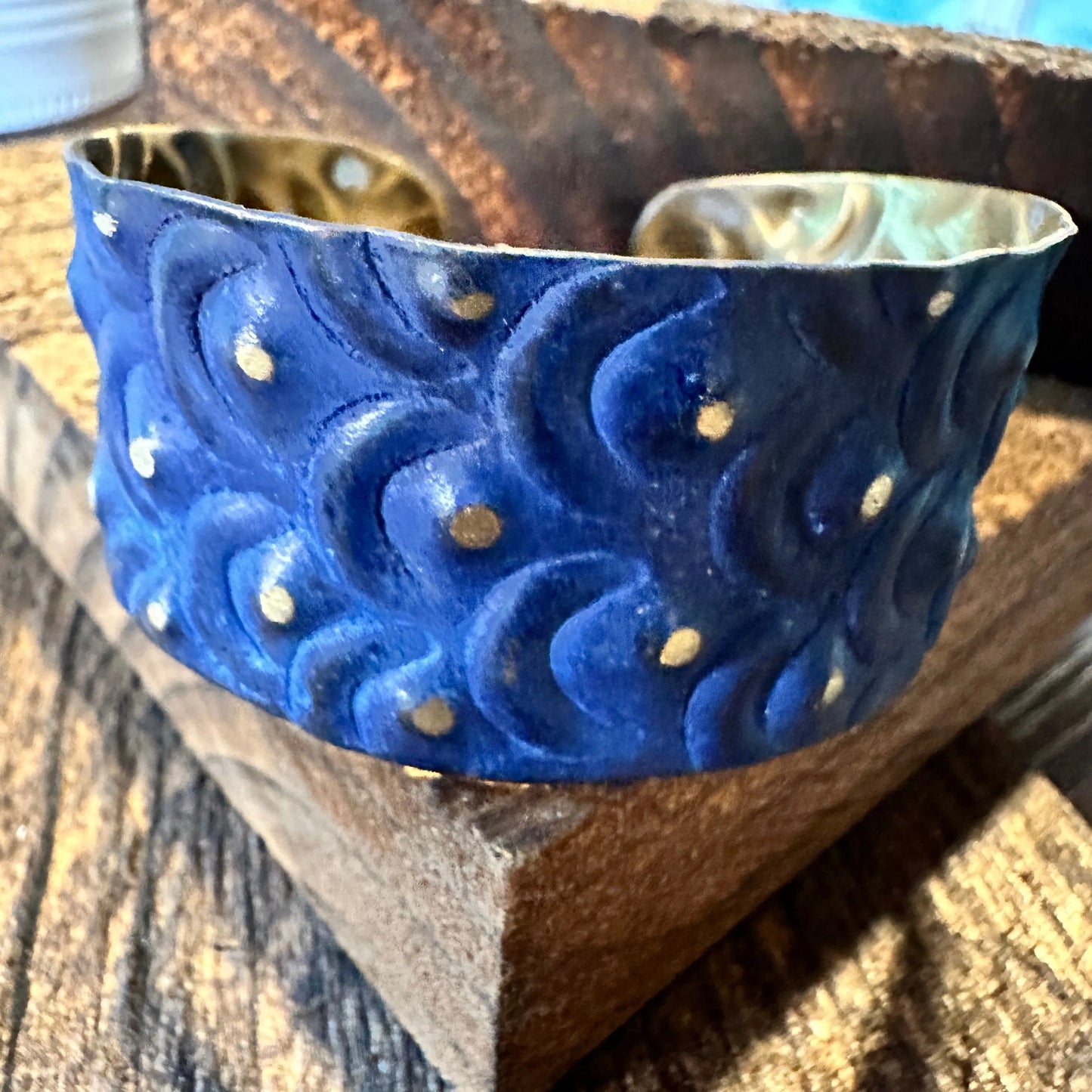 Handcrafted Artesian Boho Brass Patina Bracelet, Cobalt Blue Waves Dots, Adjustable, Gift Box - Silver Elegant