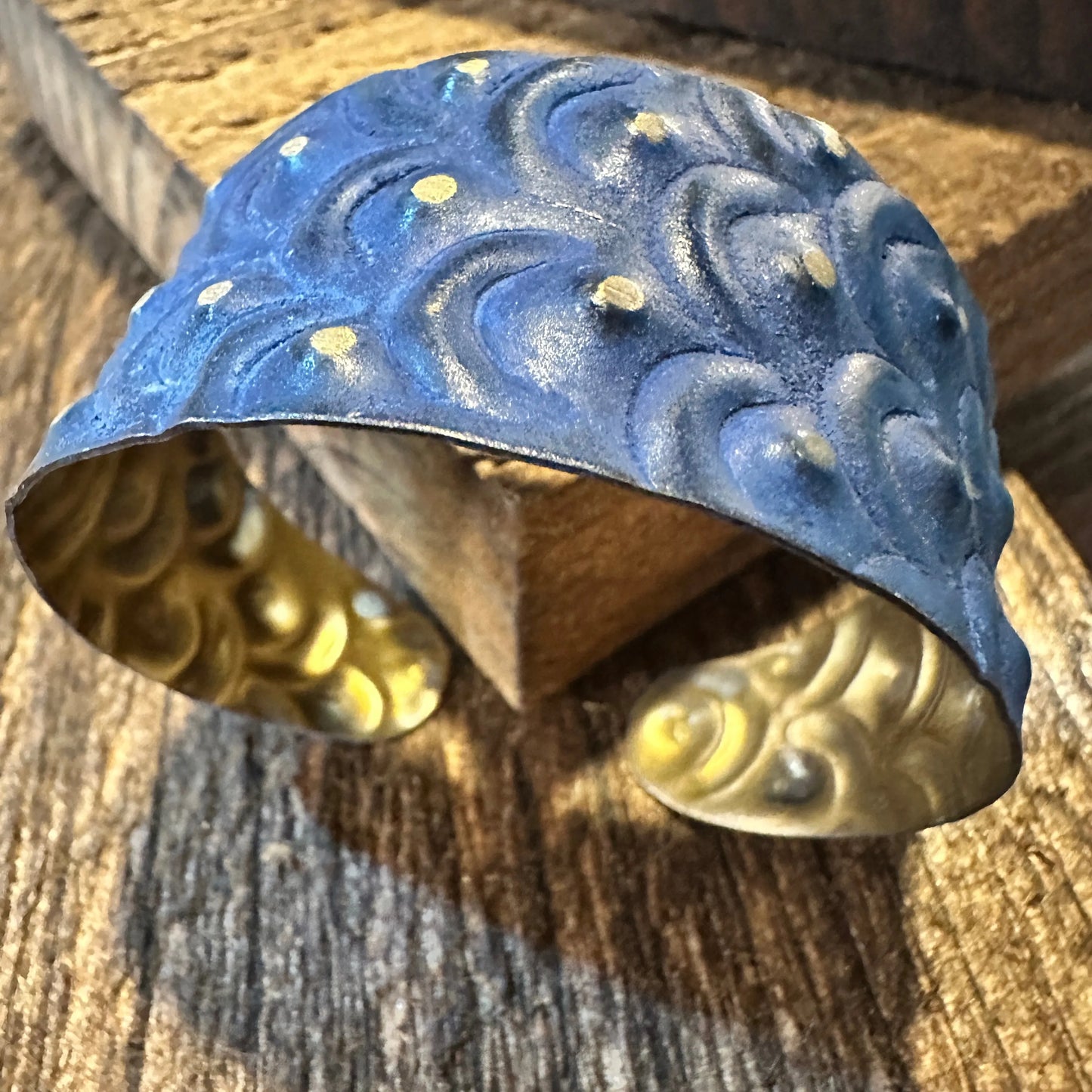 Handcrafted Artesian Boho Brass Patina Bracelet, Cobalt Blue Waves Dots, Adjustable, Gift Box - Silver Elegant