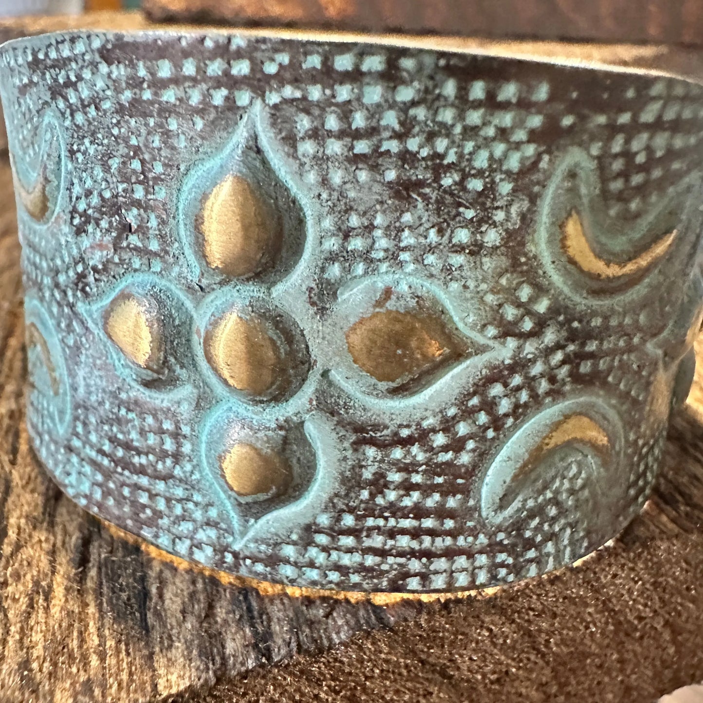Handcrafted Artesian Boho Brass Patina Bracelet, Aqua and Brown Arabic Flower, Adjustable, Gift Box - Silver Elegant