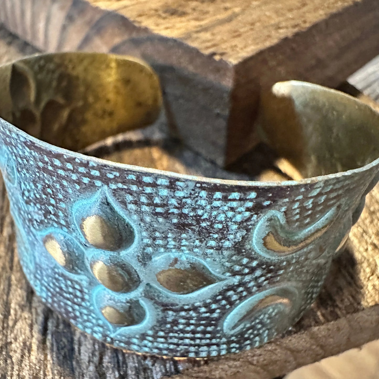 Handcrafted Artesian Boho Brass Patina Bracelet, Aqua and Brown Arabic Flower, Adjustable, Gift Box - Silver Elegant