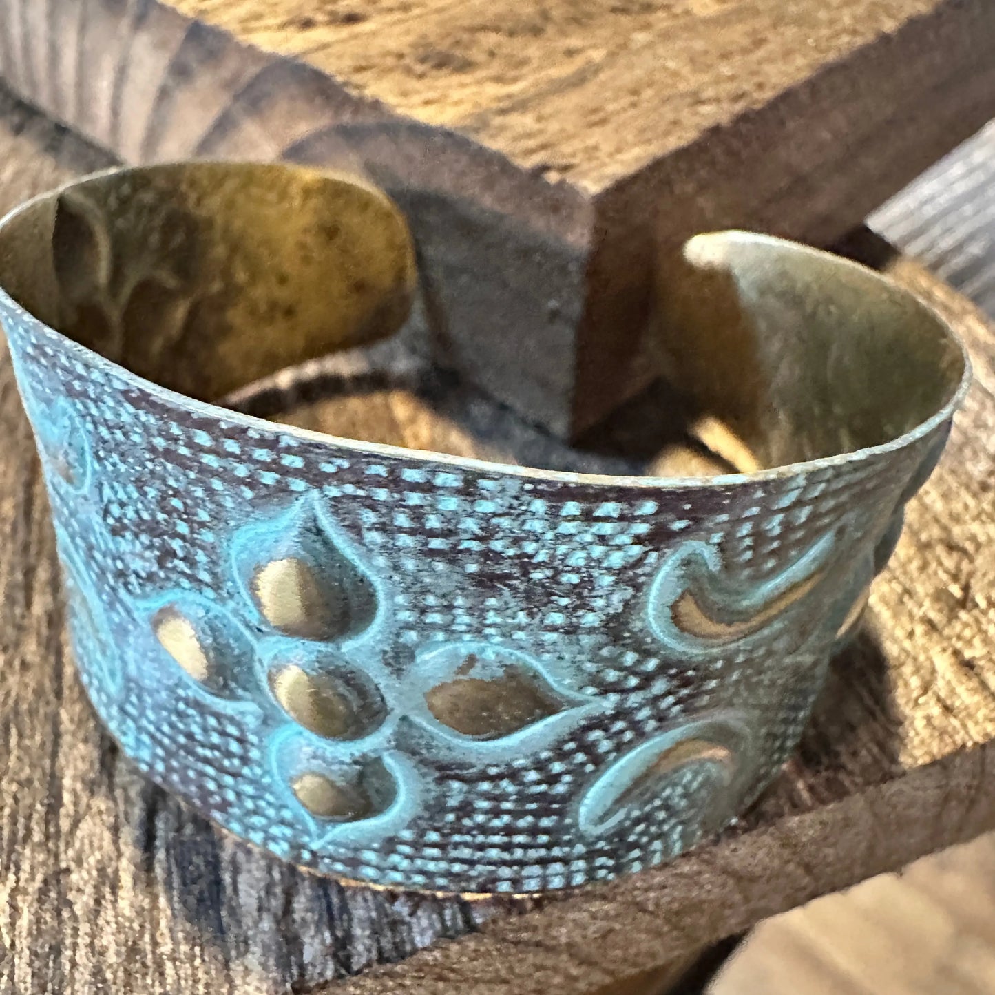 Handcrafted Artesian Boho Brass Patina Bracelet, Aqua and Brown Arabic Flower, Adjustable, Gift Box - Silver Elegant