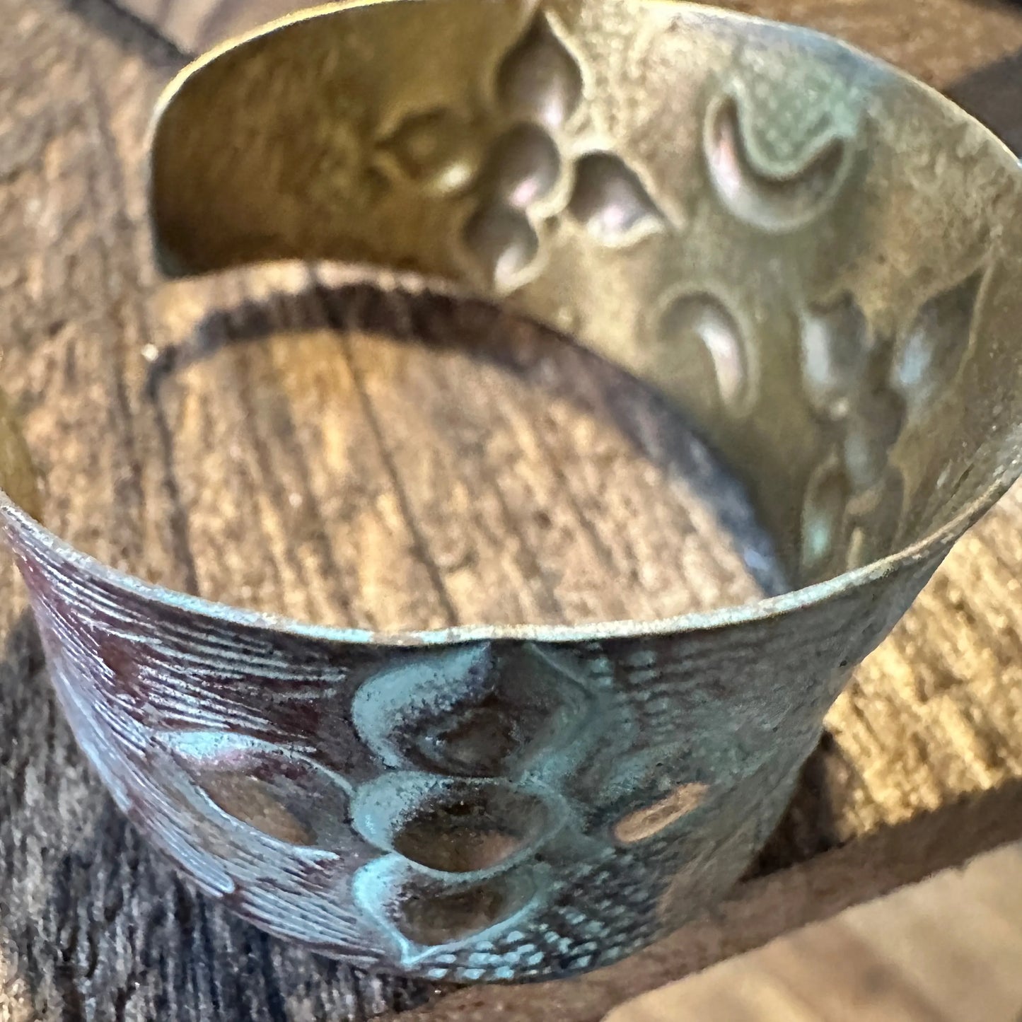Handcrafted Artesian Boho Brass Patina Bracelet, Aqua and Brown Arabic Flower, Adjustable, Gift Box - Silver Elegant