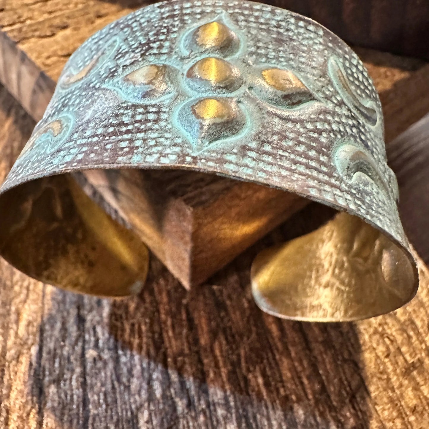 Handcrafted Artesian Boho Brass Patina Bracelet, Aqua and Brown Arabic Flower, Adjustable, Gift Box - Silver Elegant