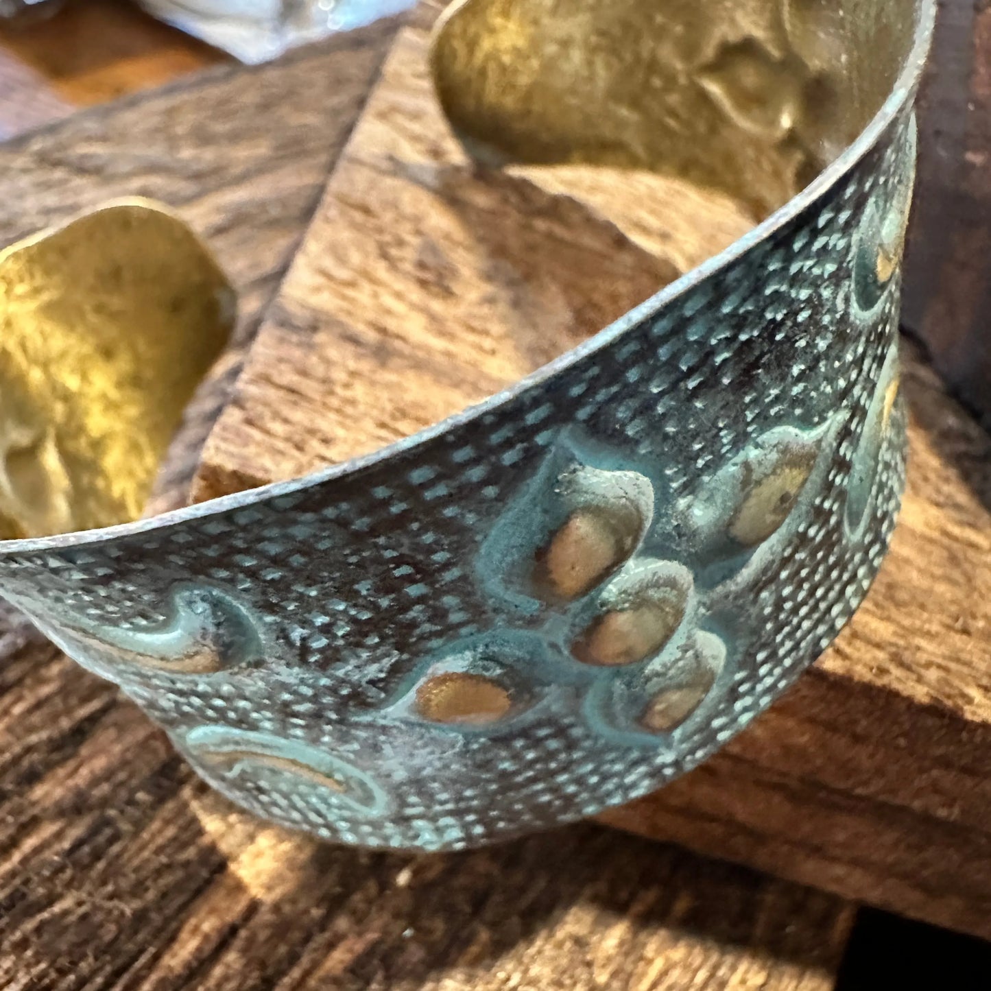 Handcrafted Artesian Boho Brass Patina Bracelet, Aqua and Brown Arabic Flower, Adjustable, Gift Box - Silver Elegant