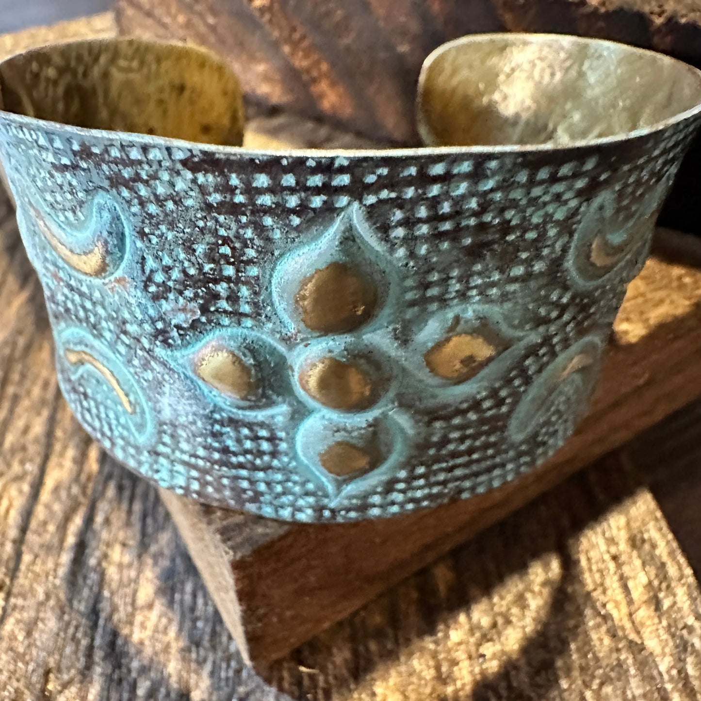 Handcrafted Artesian Boho Brass Patina Bracelet, Aqua and Brown Arabic Flower, Adjustable, Gift Box - Silver Elegant