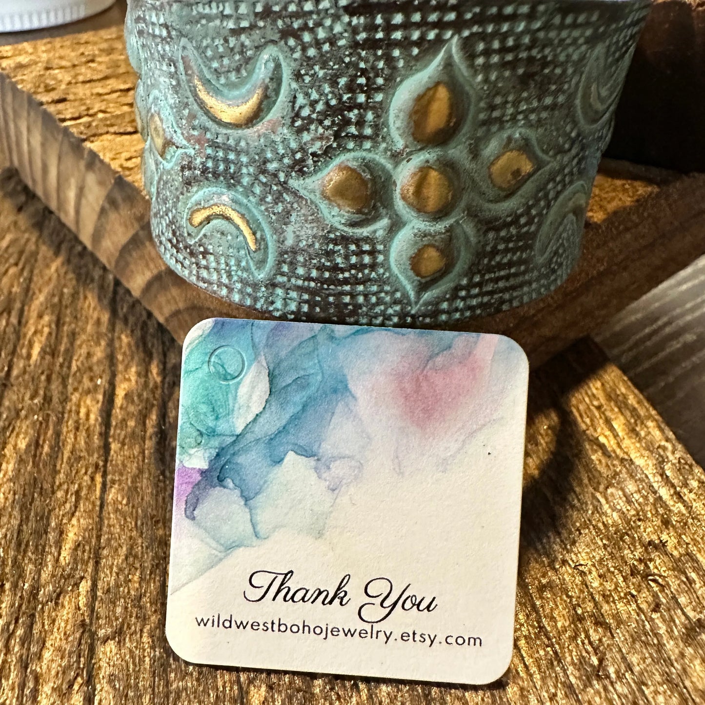 Handcrafted Artesian Boho Brass Patina Bracelet, Aqua and Brown Arabic Flower, Adjustable, Gift Box - Silver Elegant