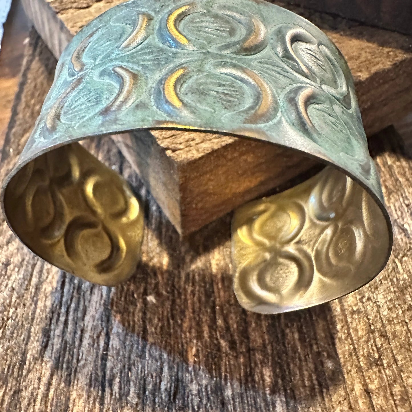 Handcrafted Artesian Boho Brass Patina Bracelet, Turquoise with Brass Crescents, Adjustable, Gift Box - Silver Elegant