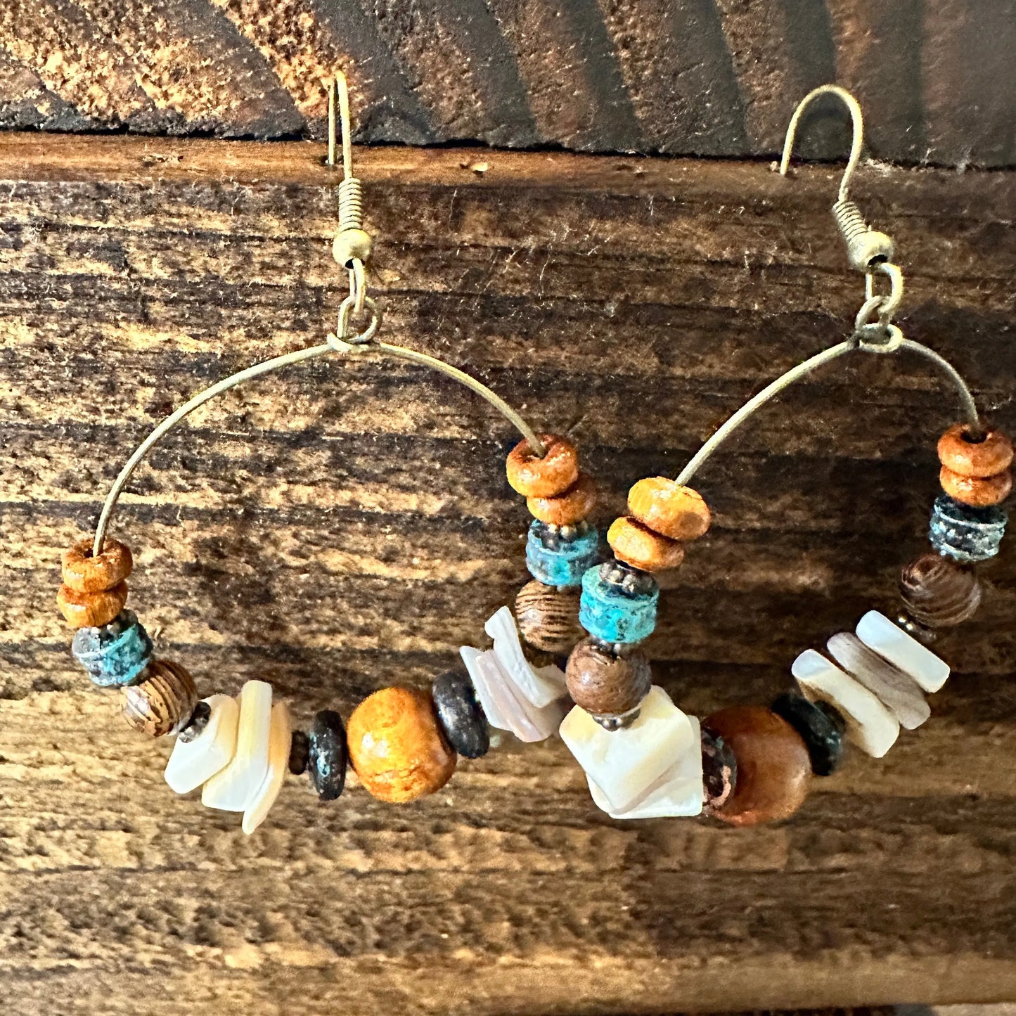 Handmade Western Hippie Copper Wire Natural Wooden Beads Drop Earrings, Gift Box - Silver Elegant