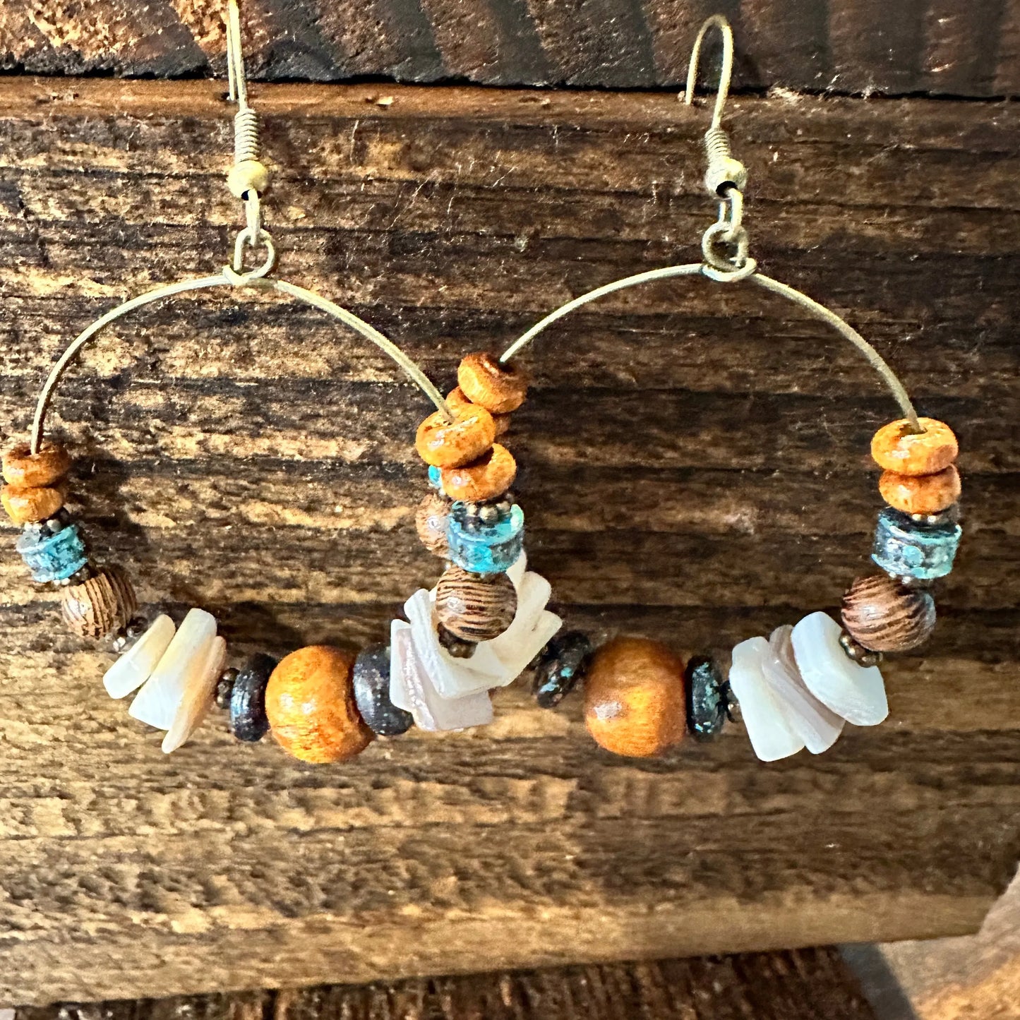 Handmade Western Hippie Copper Wire Natural Wooden Beads Drop Earrings, Gift Box - Silver Elegant