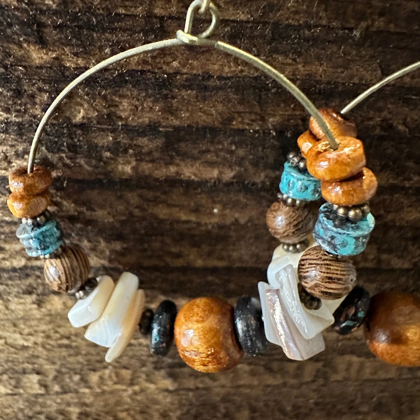 Handmade Western Hippie Copper Wire Natural Wooden Beads Drop Earrings, Gift Box - Silver Elegant