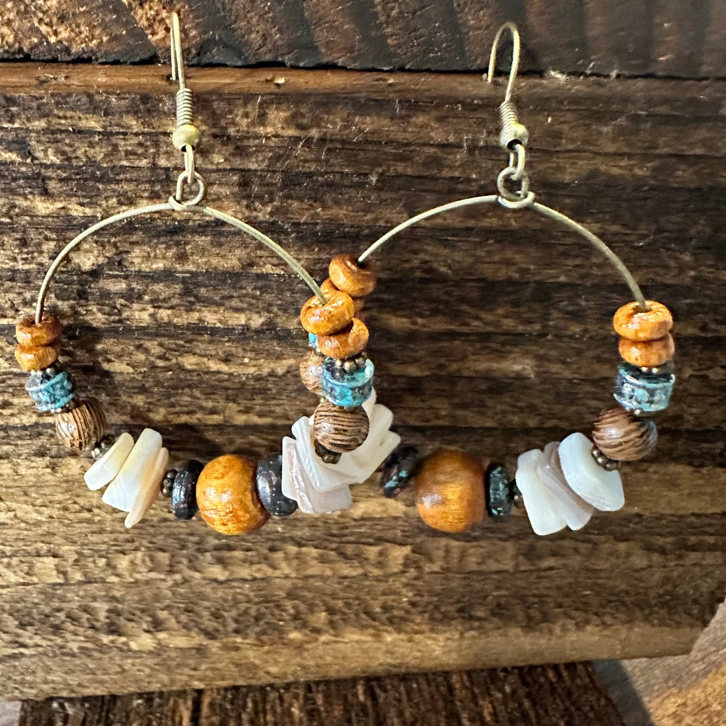 Handmade Western Hippie Copper Wire Natural Wooden Beads Drop Earrings, Gift Box - Silver Elegant