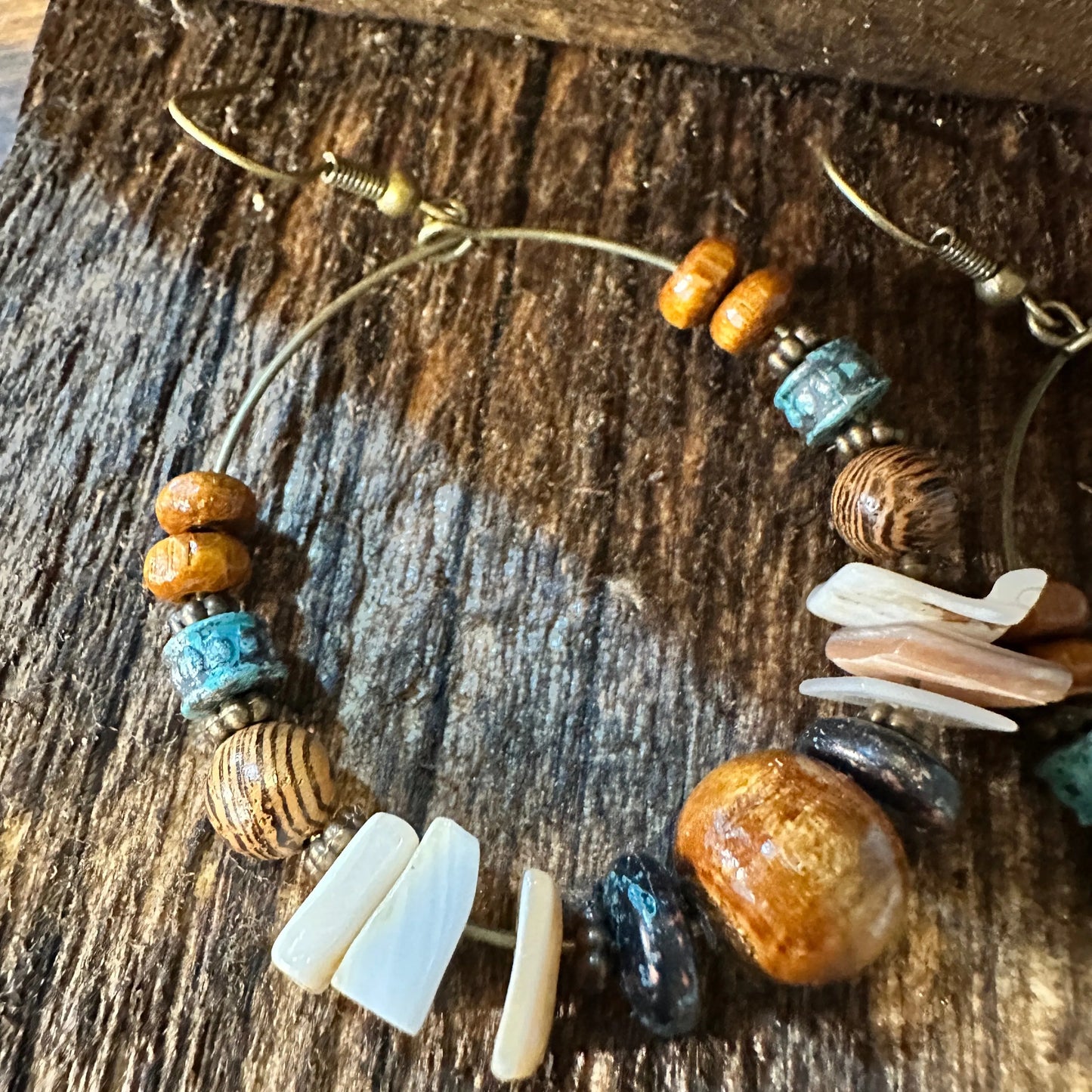 Handmade Western Hippie Copper Wire Natural Wooden Beads Drop Earrings, Gift Box - Silver Elegant