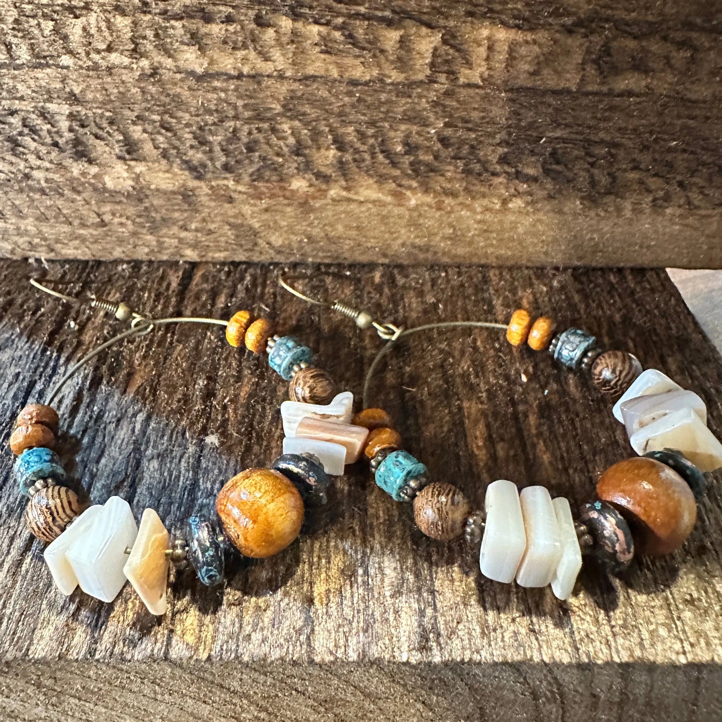 Handmade Western Hippie Copper Wire Natural Wooden Beads Drop Earrings, Gift Box - Silver Elegant