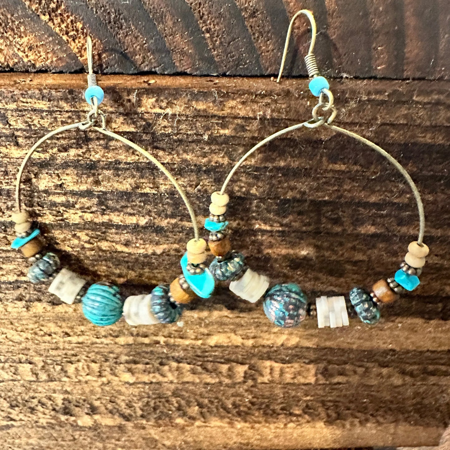 Handmade Western Hippie Copper Wire Turquoise Wooden Beads Drop Earrings, Gift Box - Silver Elegant