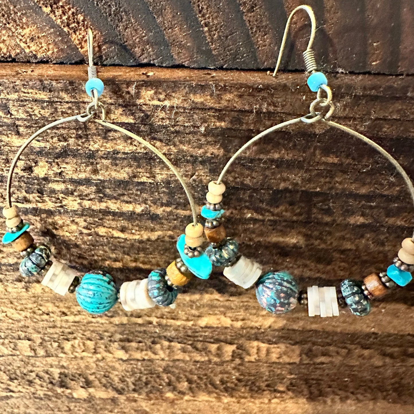 Handmade Western Hippie Copper Wire Turquoise Wooden Beads Drop Earrings, Gift Box - Silver Elegant