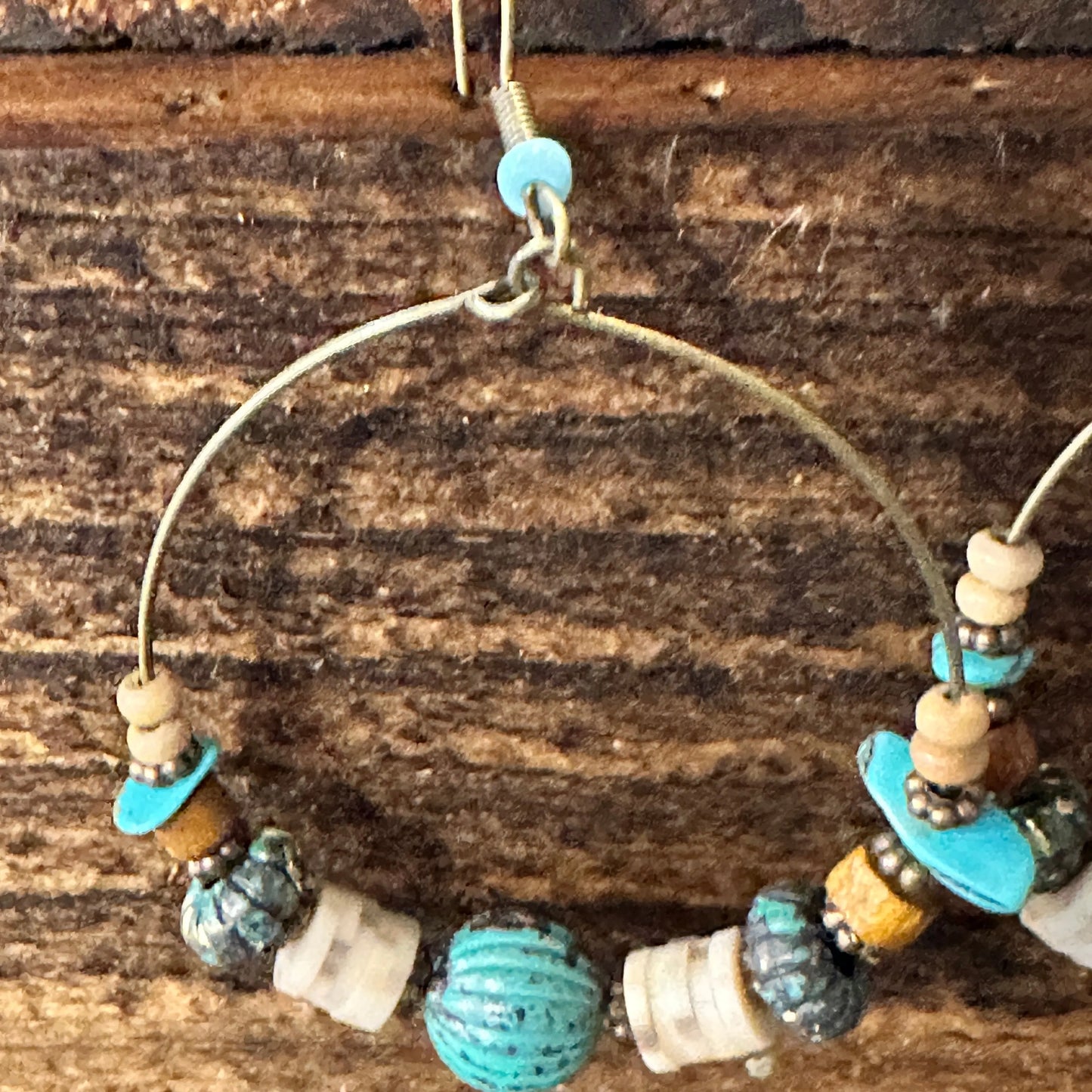 Handmade Western Hippie Copper Wire Turquoise Wooden Beads Drop Earrings, Gift Box - Silver Elegant