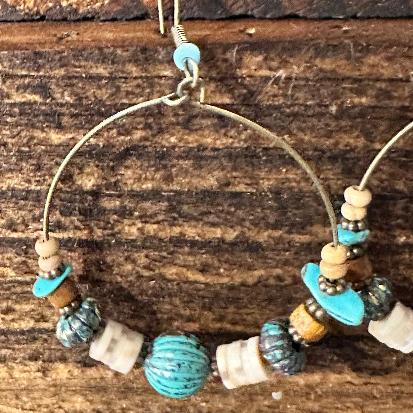 Handmade Western Hippie Copper Wire Turquoise Wooden Beads Drop Earrings, Gift Box - Silver Elegant