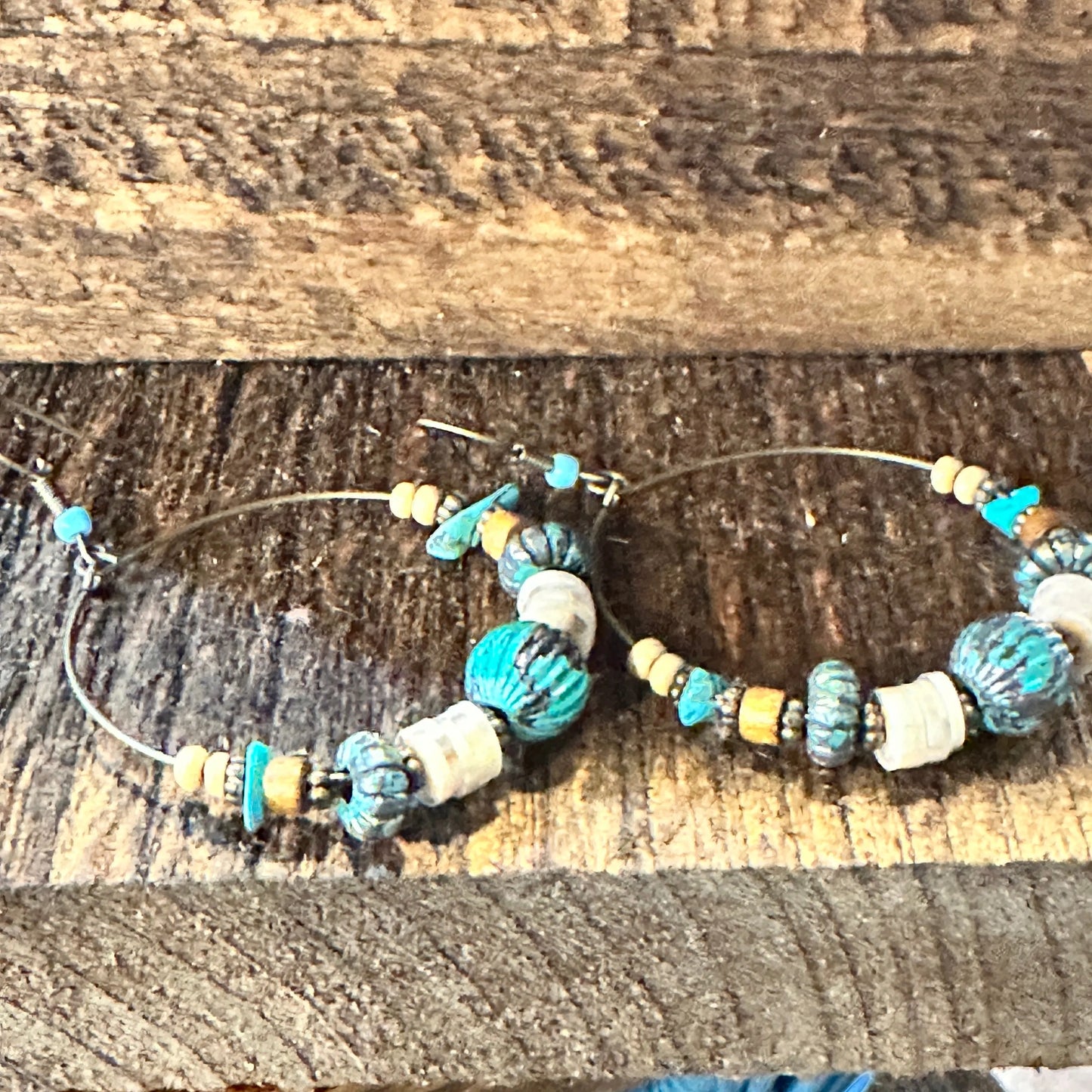 Handmade Western Hippie Copper Wire Turquoise Wooden Beads Drop Earrings, Gift Box - Silver Elegant