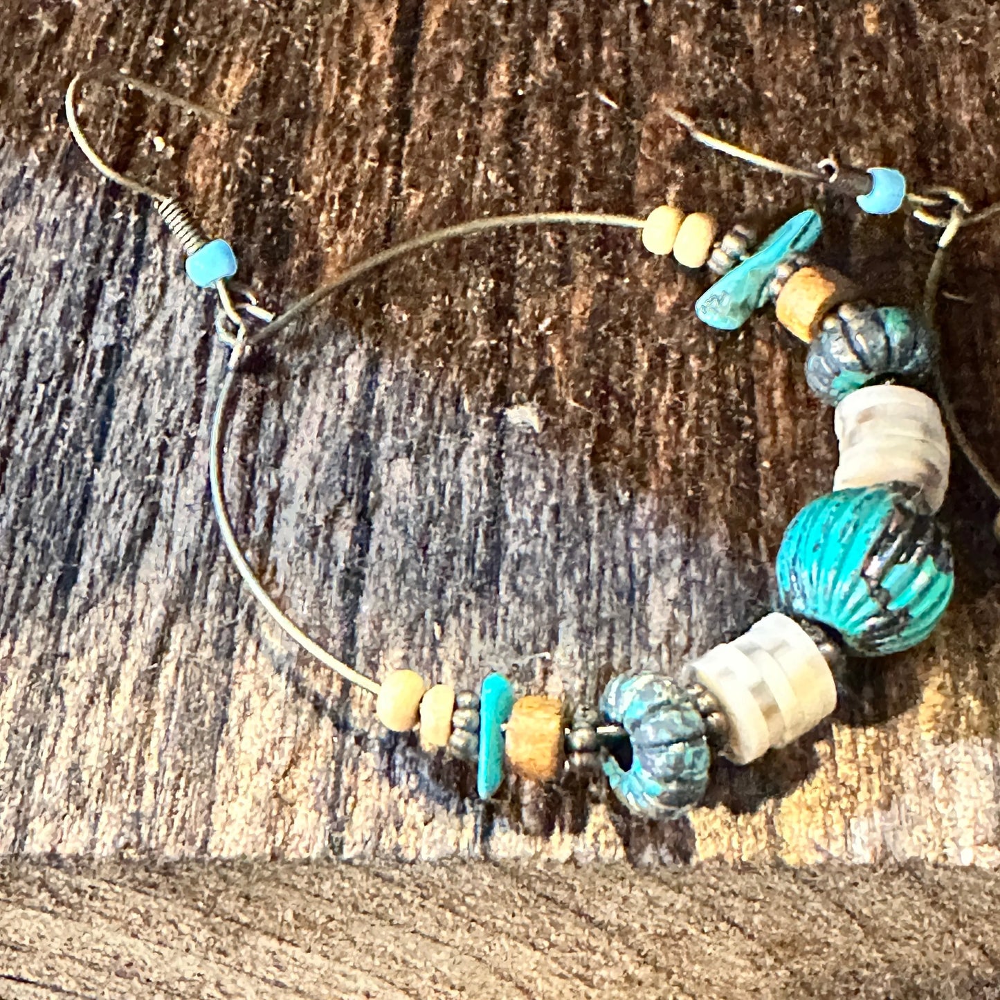 Handmade Western Hippie Copper Wire Turquoise Wooden Beads Drop Earrings, Gift Box - Silver Elegant