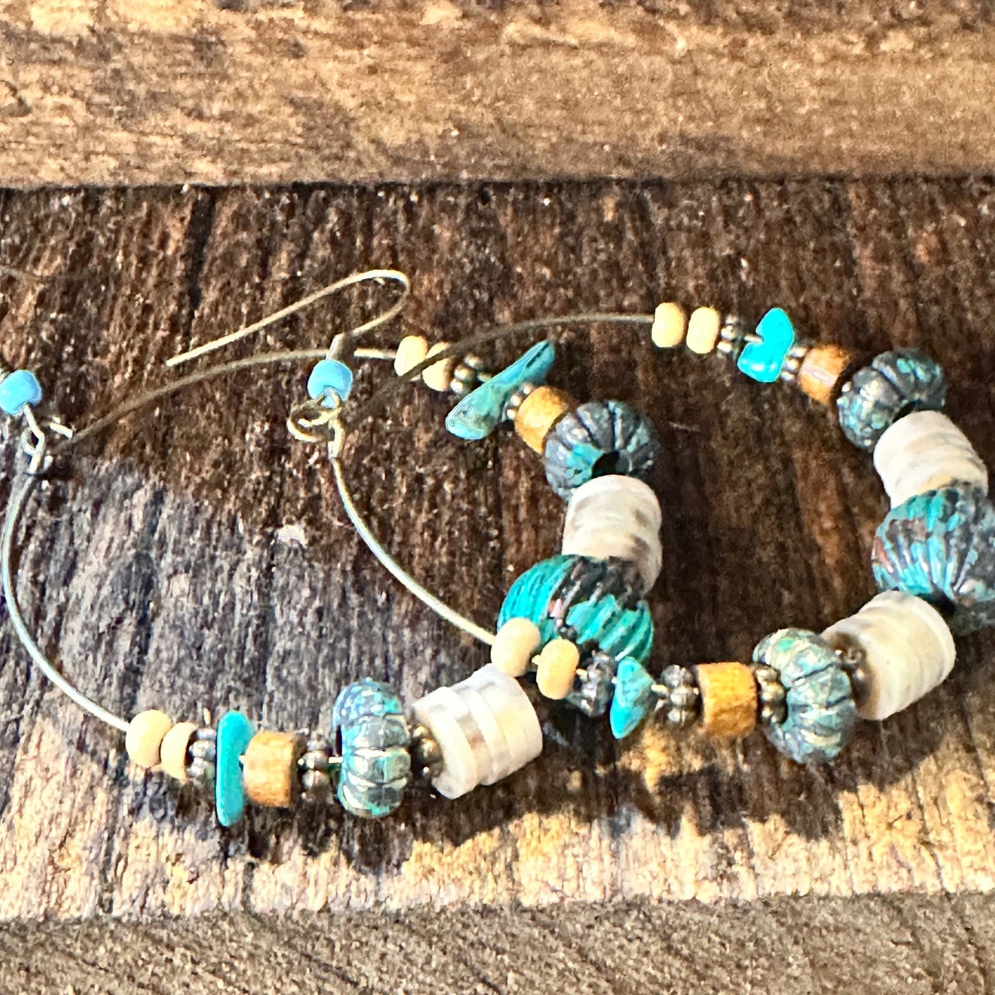 Handmade Western Hippie Copper Wire Turquoise Wooden Beads Drop Earrings, Gift Box - Silver Elegant