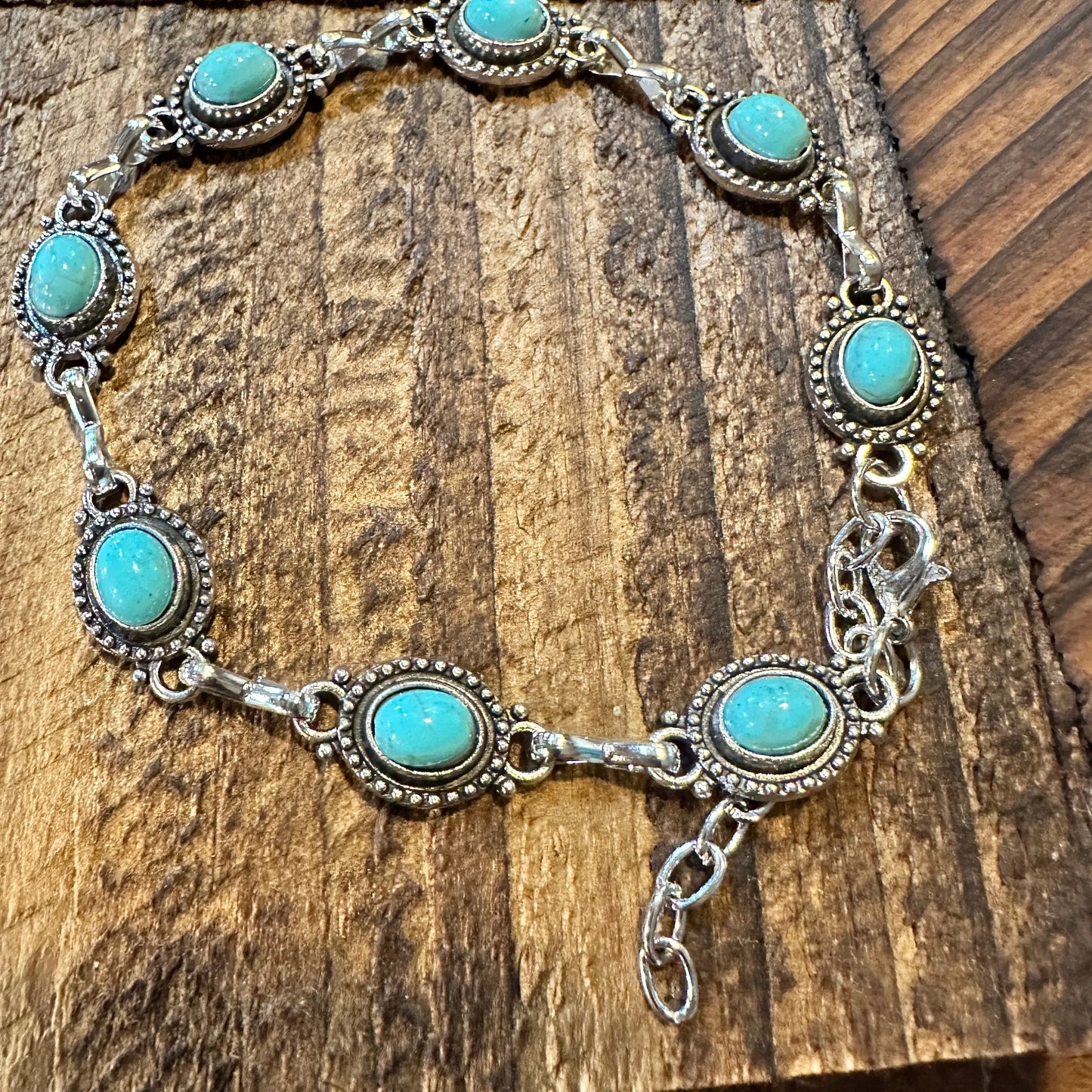 Handcrafted Boho Western Chic Turquoise Stone Link Bracelet, Adjustable, Gift Box - Silver Elegant