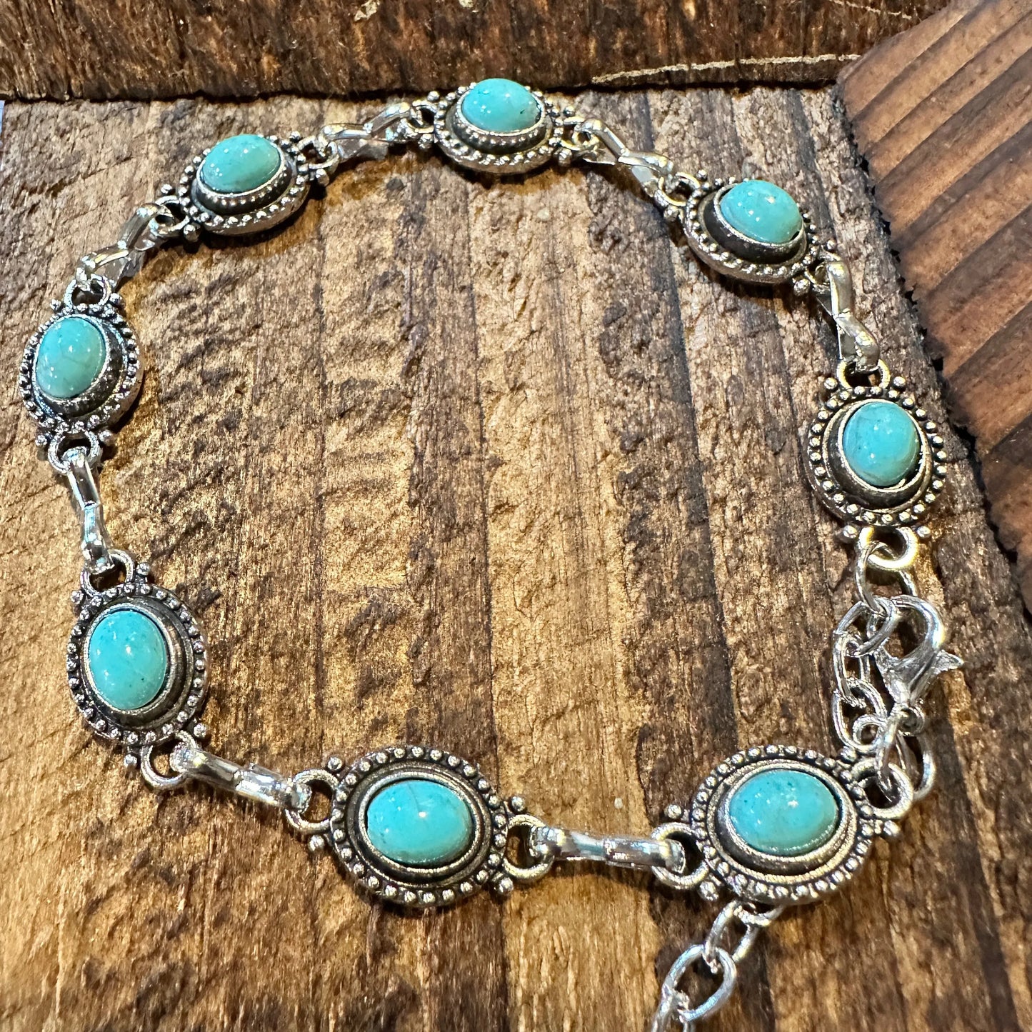 Handcrafted Boho Western Chic Turquoise Stone Link Bracelet, Adjustable, Gift Box - Silver Elegant